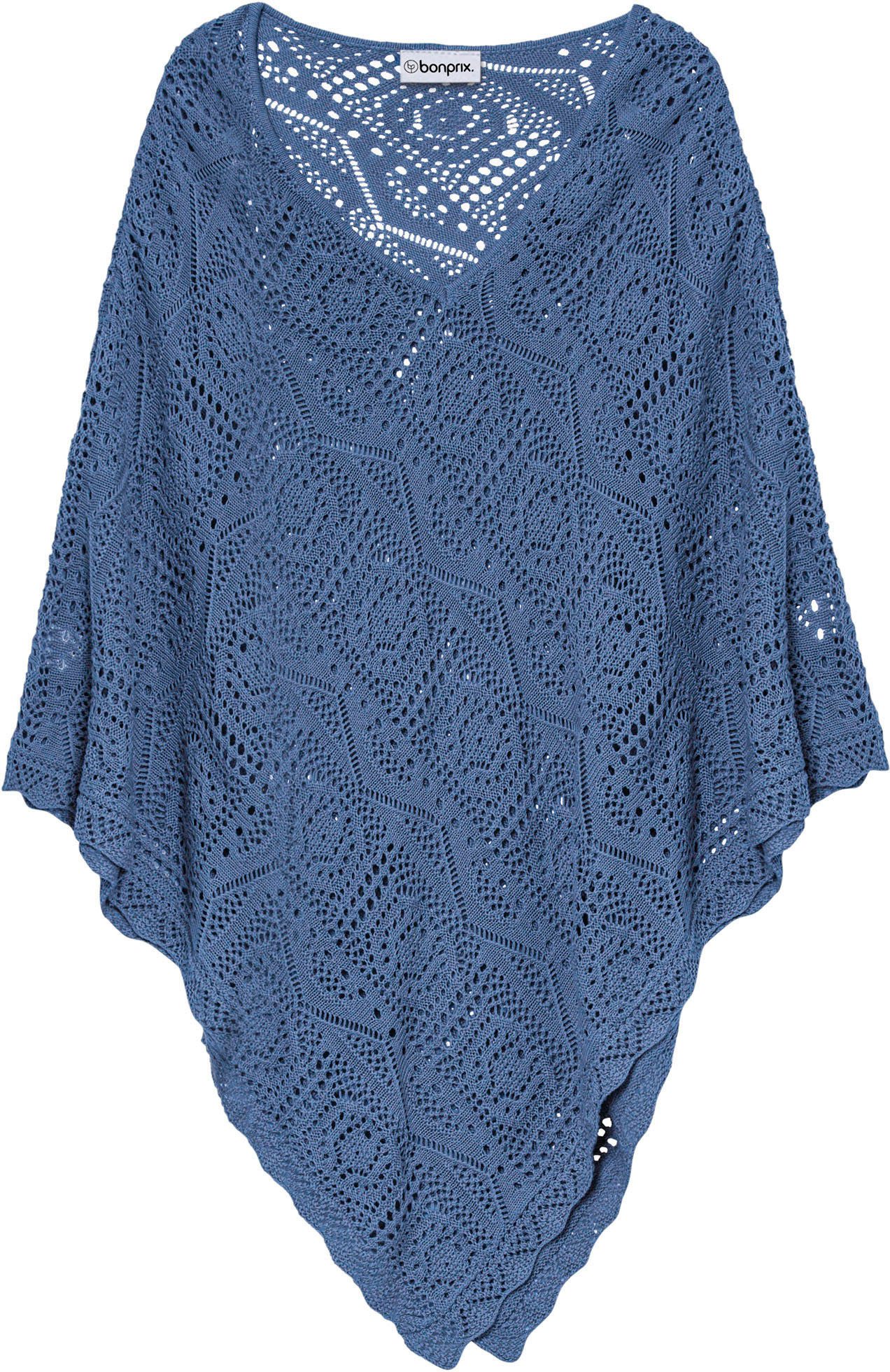 bonprix Strickponcho mit hohem Baumwollanteil, Häkel-Optik, figurumspielend, Zipfelsaum
