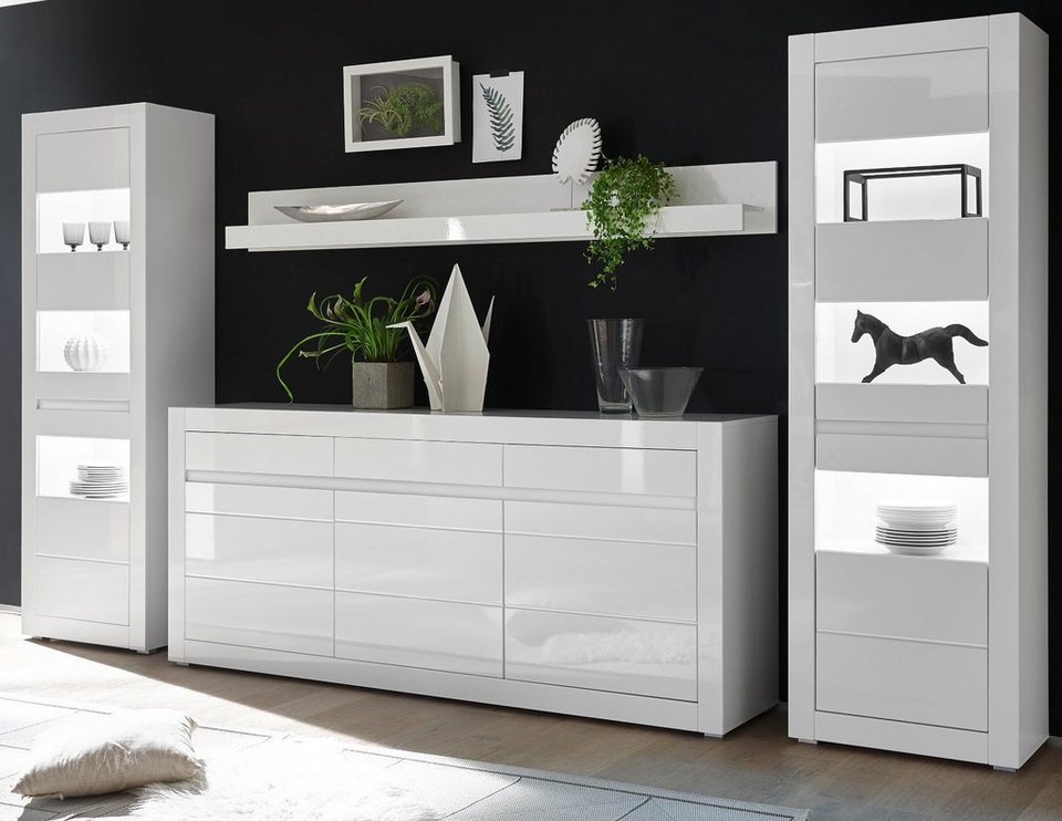 Furn.Design Wohnwand Nobile, (Wohn- und Esszimmer Möbel-Set 4-teilig in weiß), Hochglanz, mit Soft-Close, Schrankwand, Anbauwand