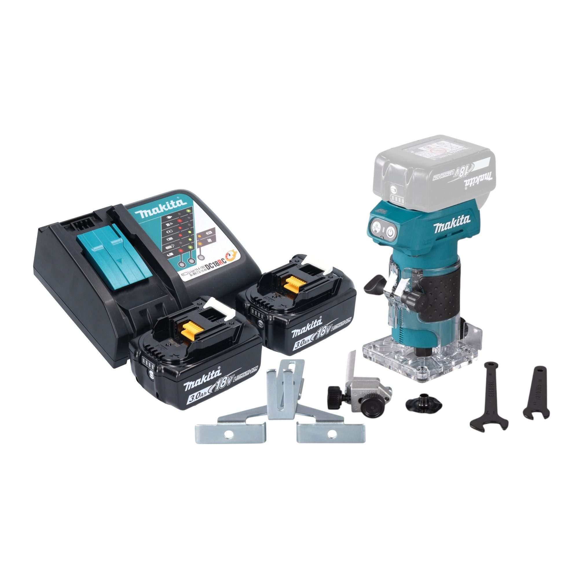 Makita Oberfräse DRT 52 RF 18 V 6 mm Brushless + 2x Akku 3,0 Ah + Ladegerät