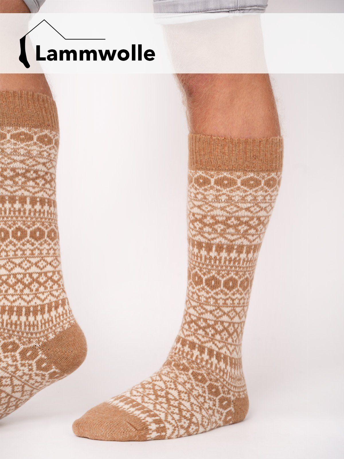 HomeOfSocks Lammwolle Feine Hygge Kniestrümpfe Jacquard 70% strapazierfähige Extra Kniestrumpf Grau und Wollsocken Lambswool Kniestrümpfe Warm