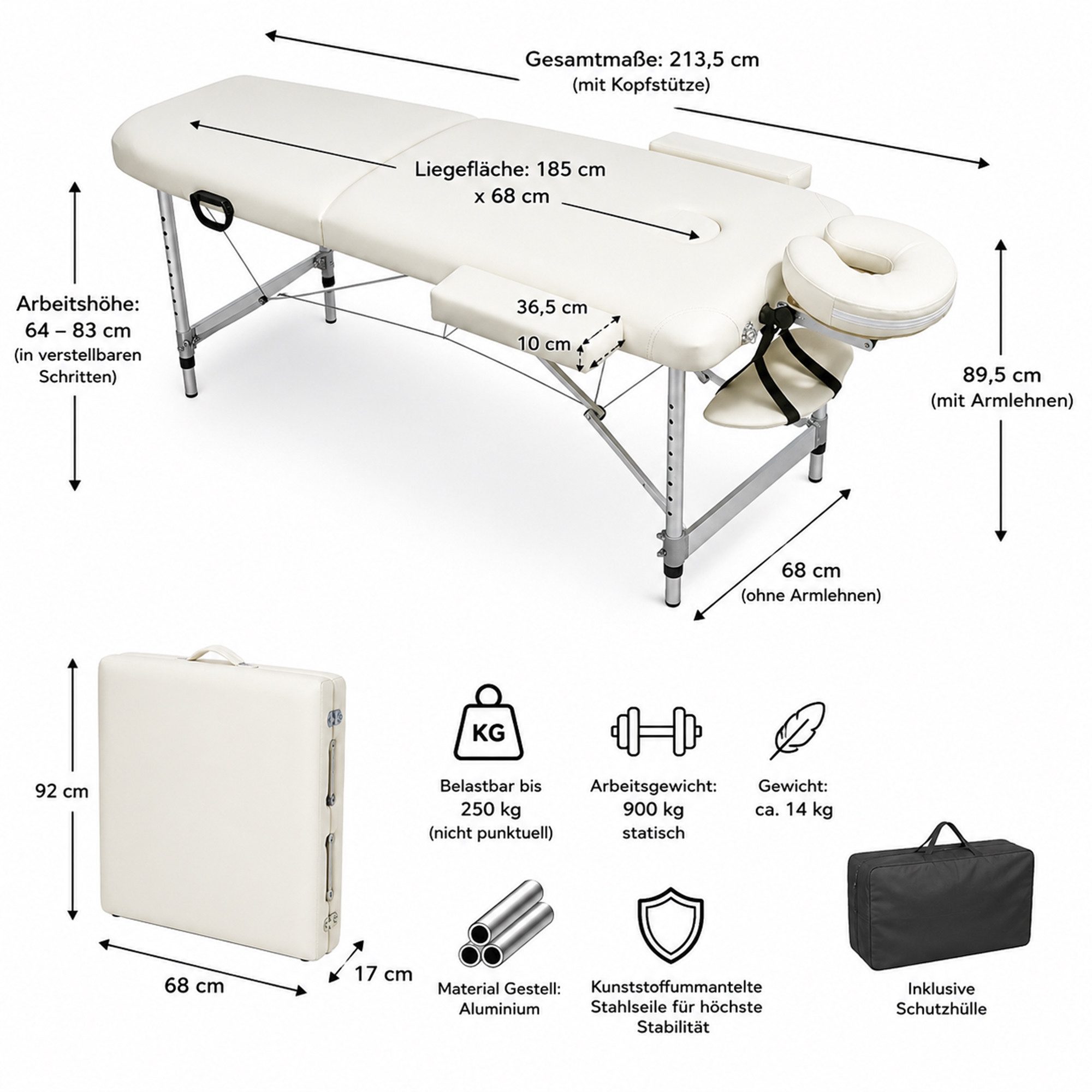 Mucola Massageliege Massageliege Aluminium 2 Zonen schwarz Massagebank klappbar Therapie (Stück, Premium-Massageliege), Abnehmbare Elemente