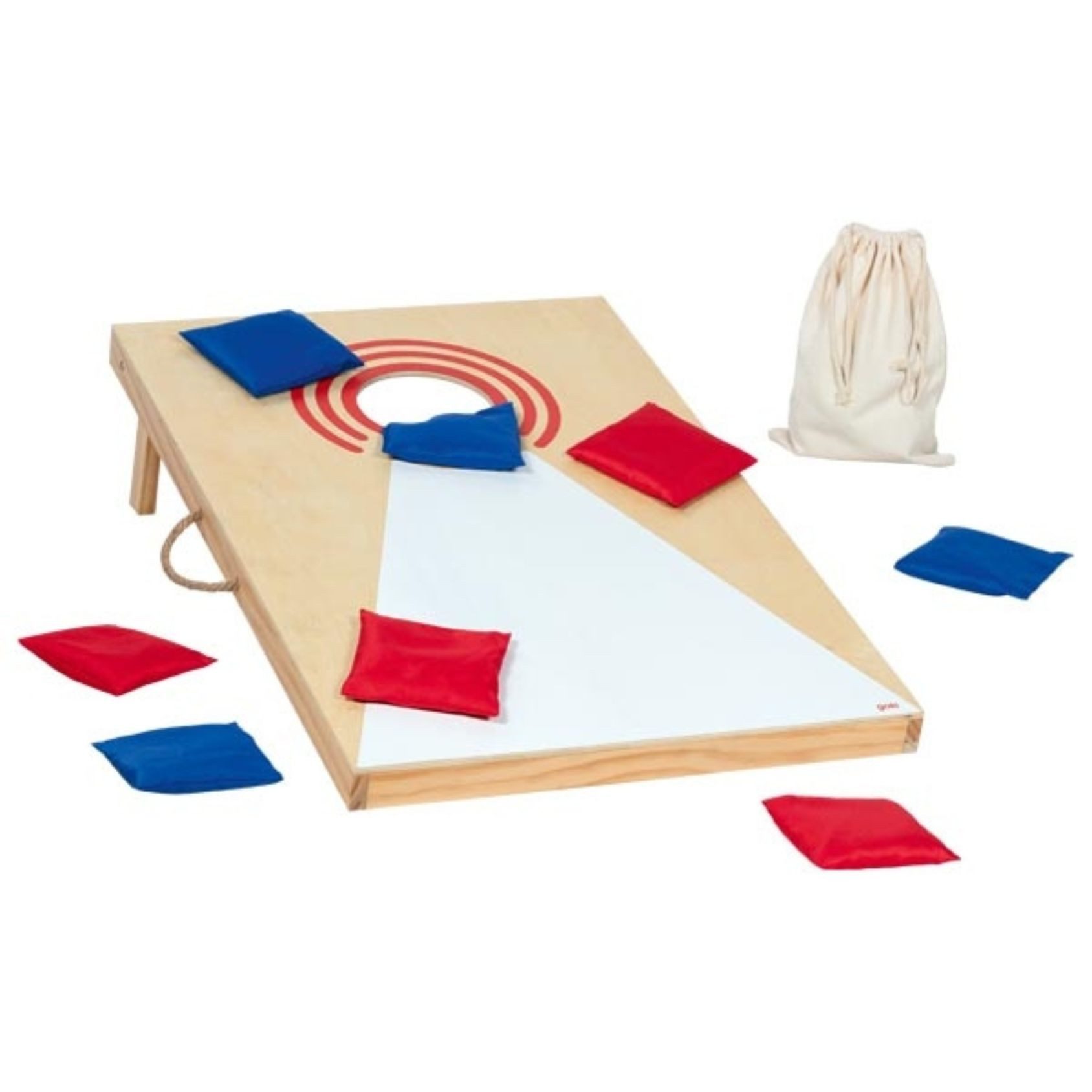 goki Spiel Cornhole Wurfspiel aus Holz, Outdoorspiel, Cornhole, robuste Wurfsäckchen im Baumwollbeutel