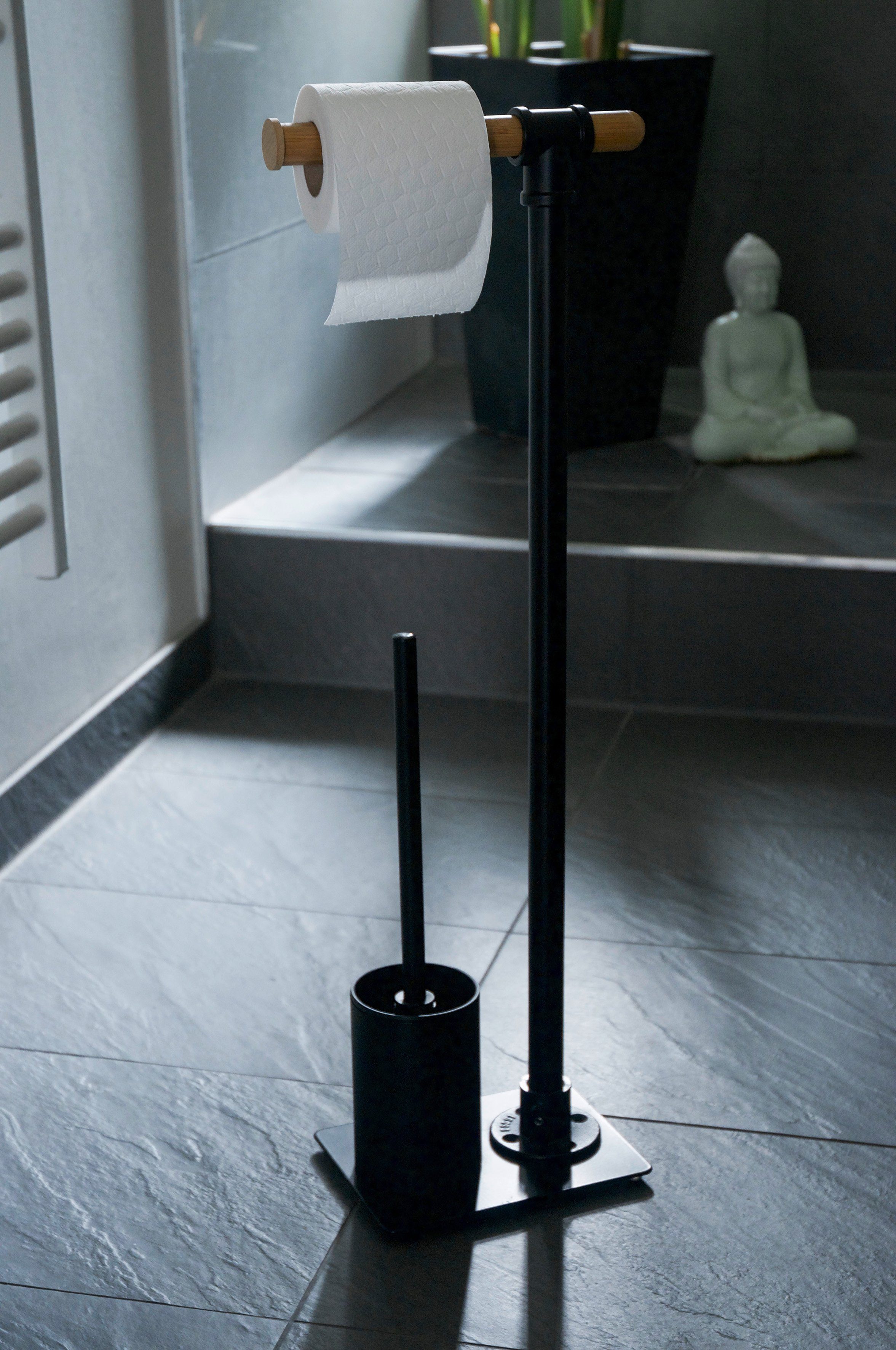 WENKO Stahl Bambus WC-Garnitur aus Schwarz in lackierter und mattem inkl. WC-Bürste, Rollenhalterung Finish, Rollenhalter Forli,