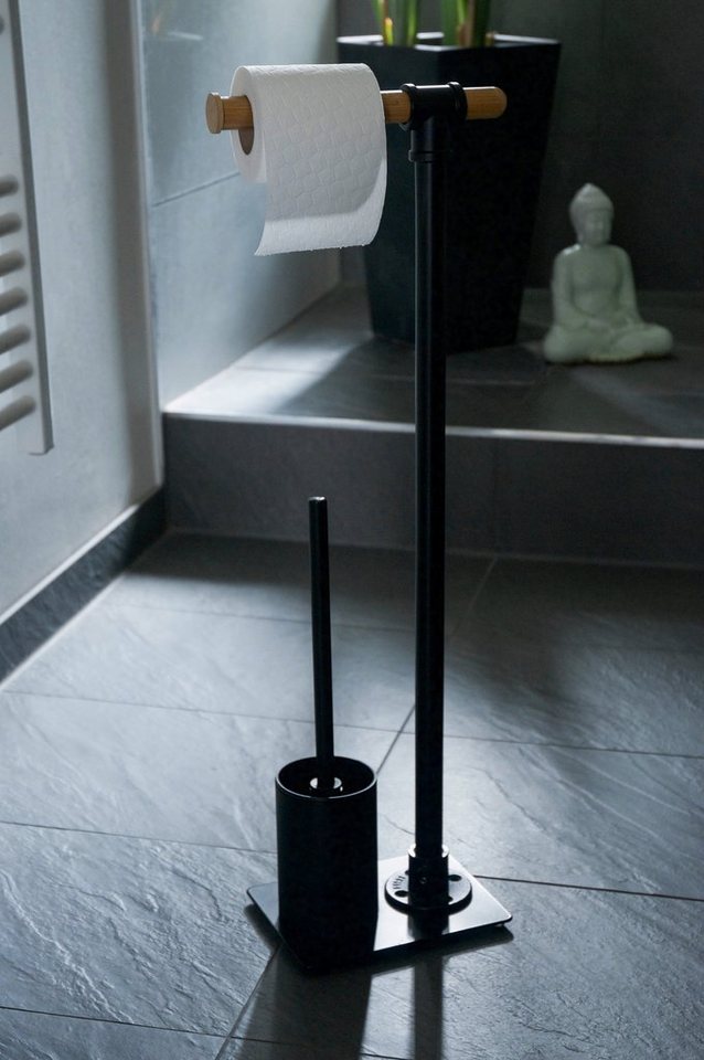 WENKO WC-Garnitur Forli, inkl. Rollenhalter und WC-Bürste, Schwarz  lackierter Stahl in mattem Finish, Rollenhalterung aus Bambus