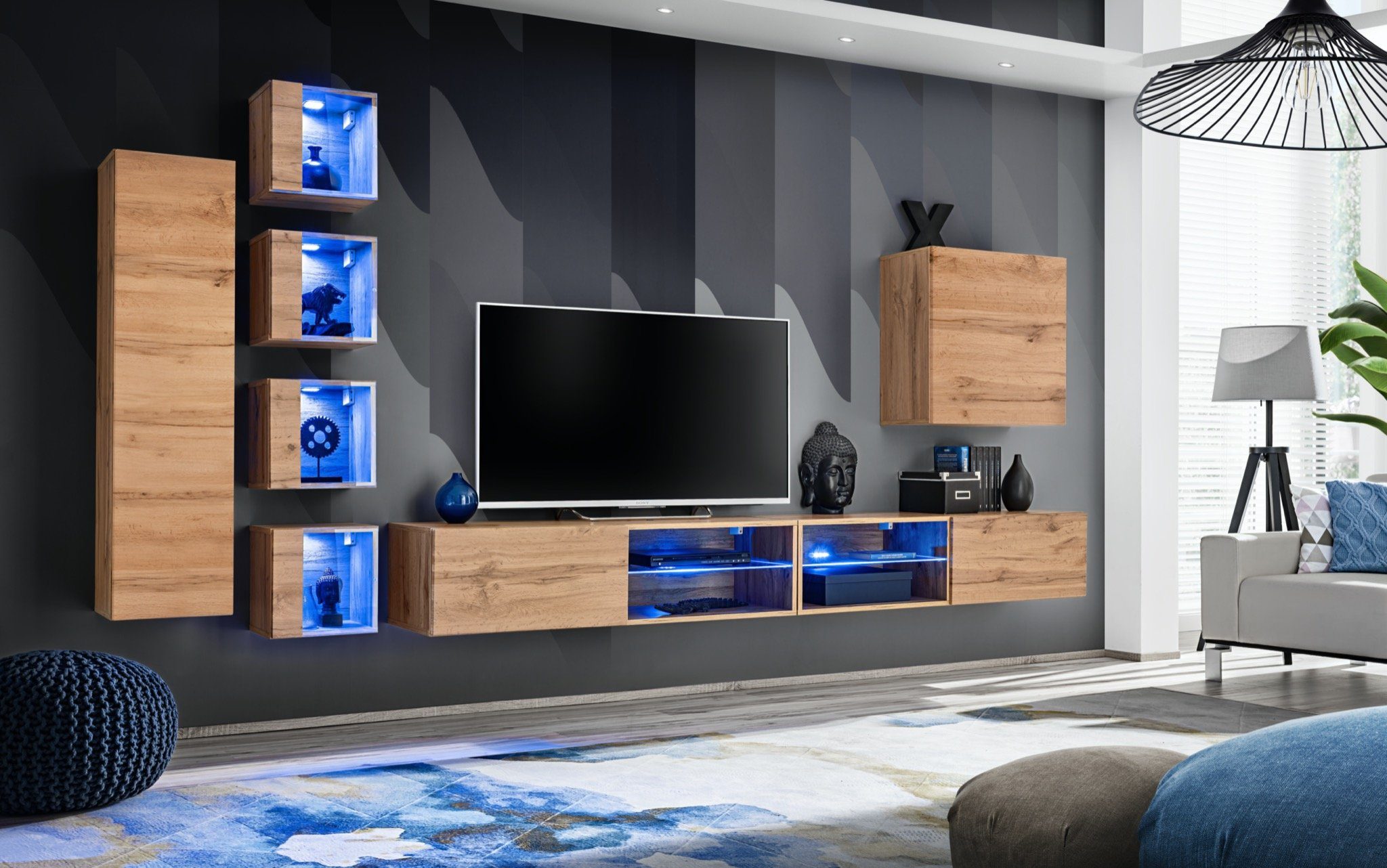 + (8-St., LED Neu, beleuchtet TV 6x Wandschrank TV-Ständer Set Garnitur Holzmöbel 2x Wohnwand Ständer Wandschrank), JVmoebel Wohnwand