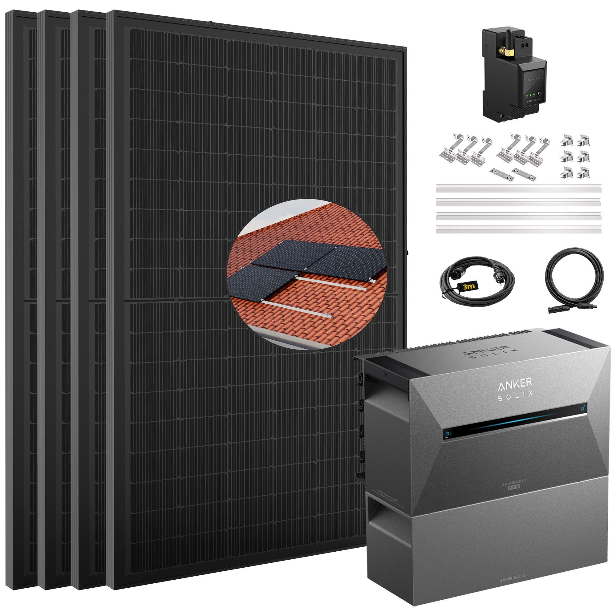 SolarMars Balkonkraftwerk mit Speicher 2000W Anker Solix Solarbank 3 E2700 Pro, 2000 W, Monokristallin, (mit optionaler BP2700 Erweiterungsakku und Halterung), mit intelligenter KI zur dynamischen Überwachung des Stromverbrauchs