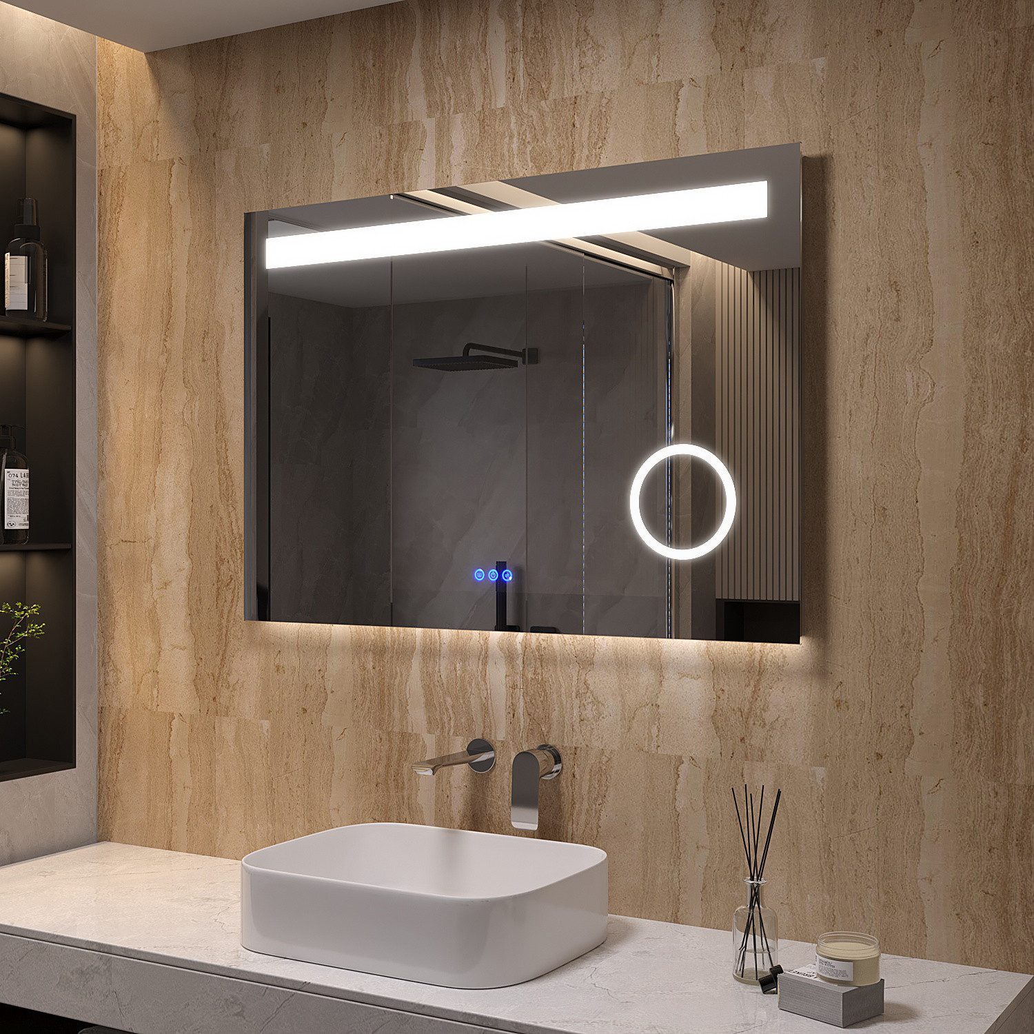 AQUABATOS LED-Lichtspiegel Badspiegel mit Beleuchtung Badezimmerspiegel 100x70 cm (Wandspiegel LED Spiegel mit Licht Kaltweiß 6400K Neutralweiß 4500K Warmweiß 3000K Kosmetikspiegel Rasierspiegel 3 Fach Vergrösserung, hochwertiger Aluminiumrahmen, Touch-Schalter, Memory-Funktion), Dimmbar, Beschlagfrei, 3 Lichtfarben, IP44, Energiesparend