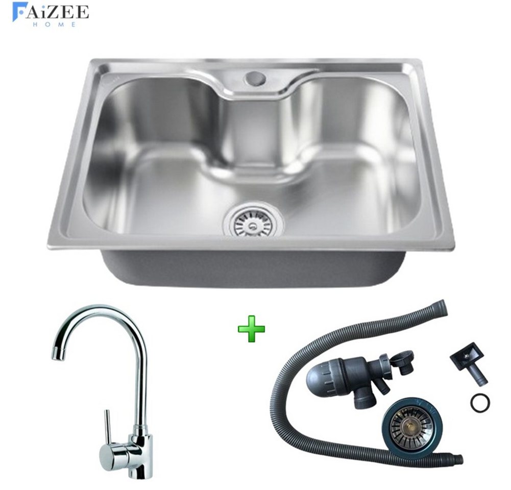 Thumbnail - Faizee Möbel Edelstahlspüle Titan 60x42x20cm – rechteckig – inkl. Siphon-Set mit Armaturoption