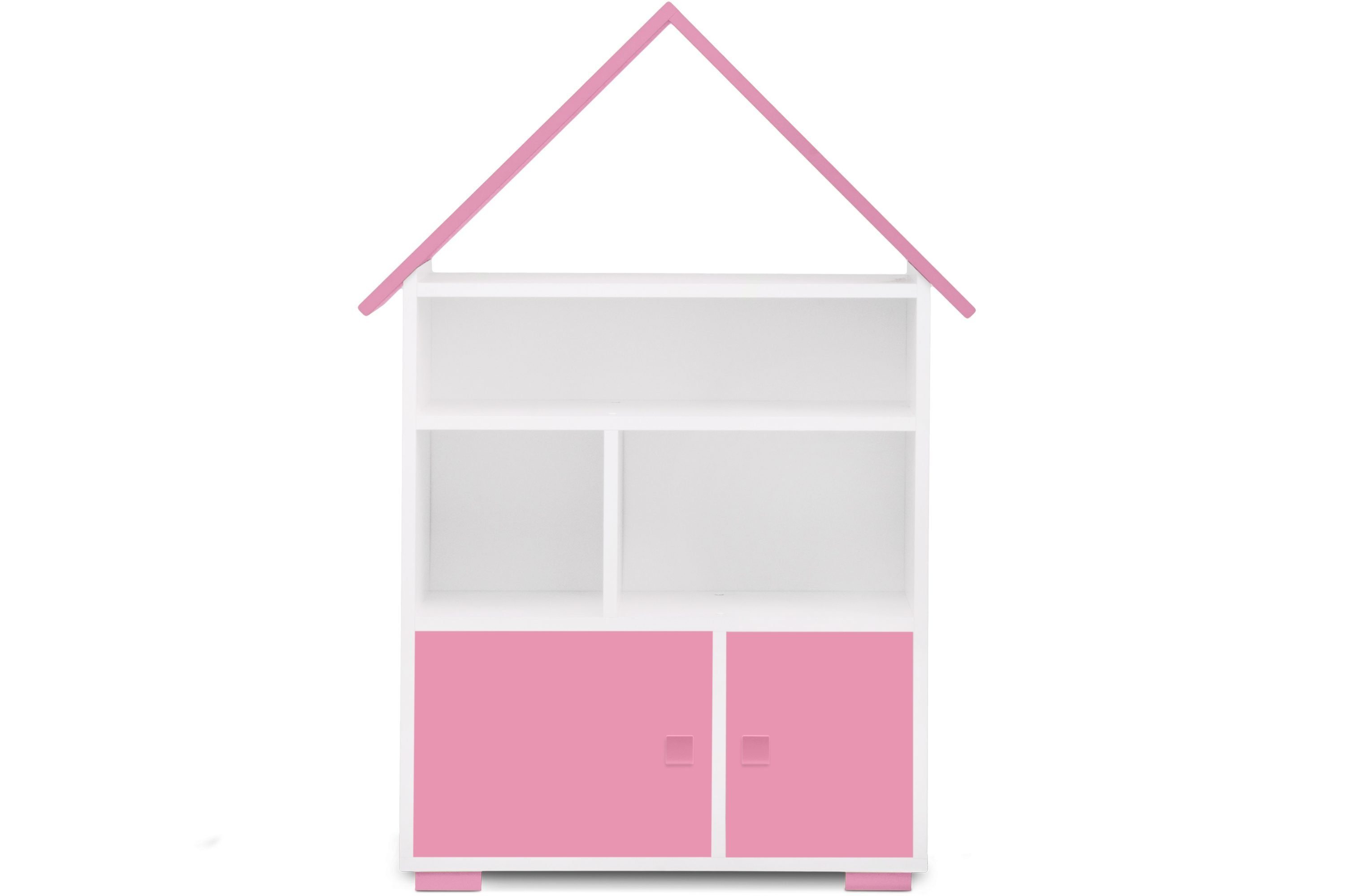 Kinderregal mit mit Hausform, Bücherregal weiß/rosa in Tür, Konsimo Pastellfarben PABIS, Bücherregal Türen