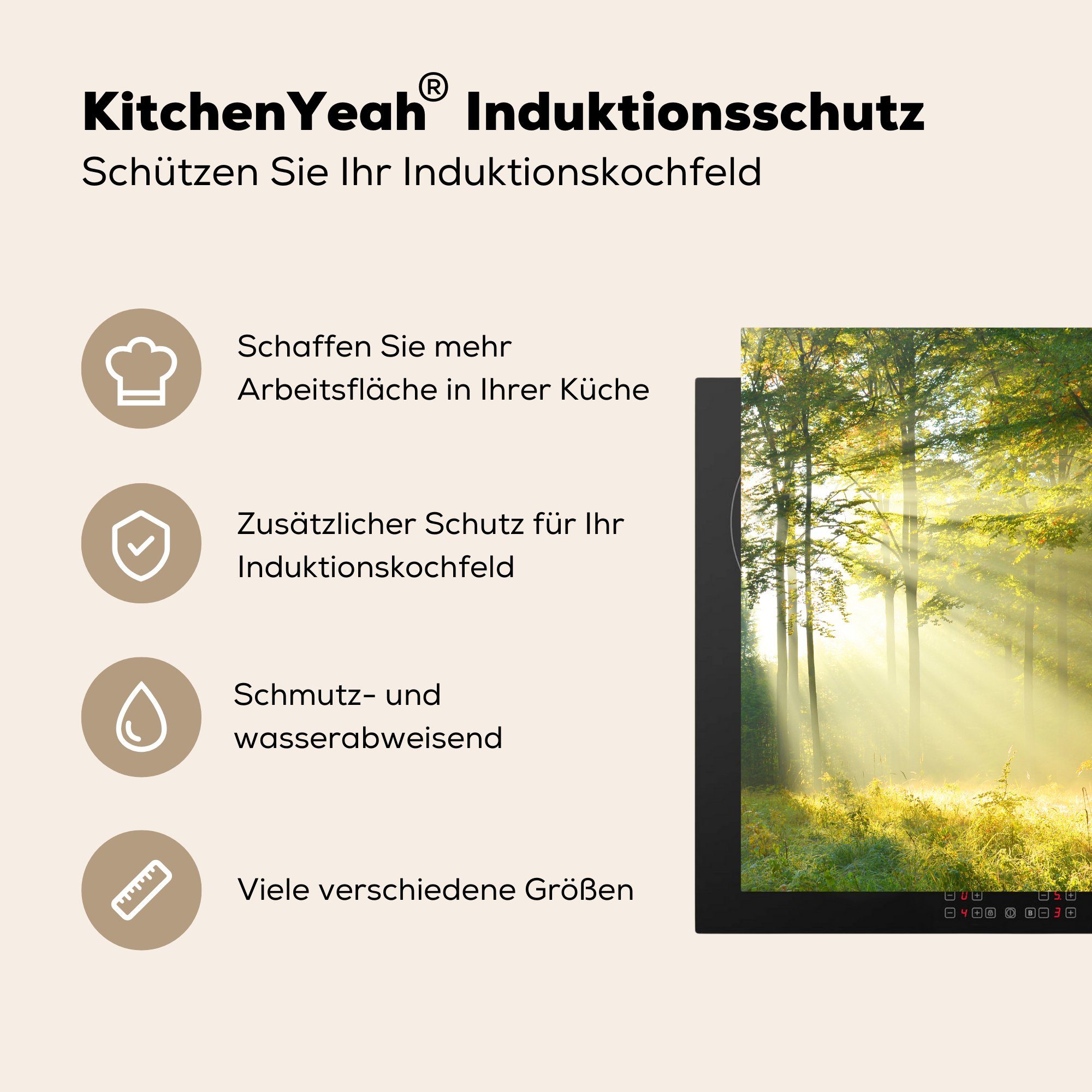 küche für Frühling, Wald tlg), (1 78x78 Herdblende-/Abdeckplatte Ceranfeldabdeckung, MuchoWow Licht Vinyl, - - cm, Arbeitsplatte