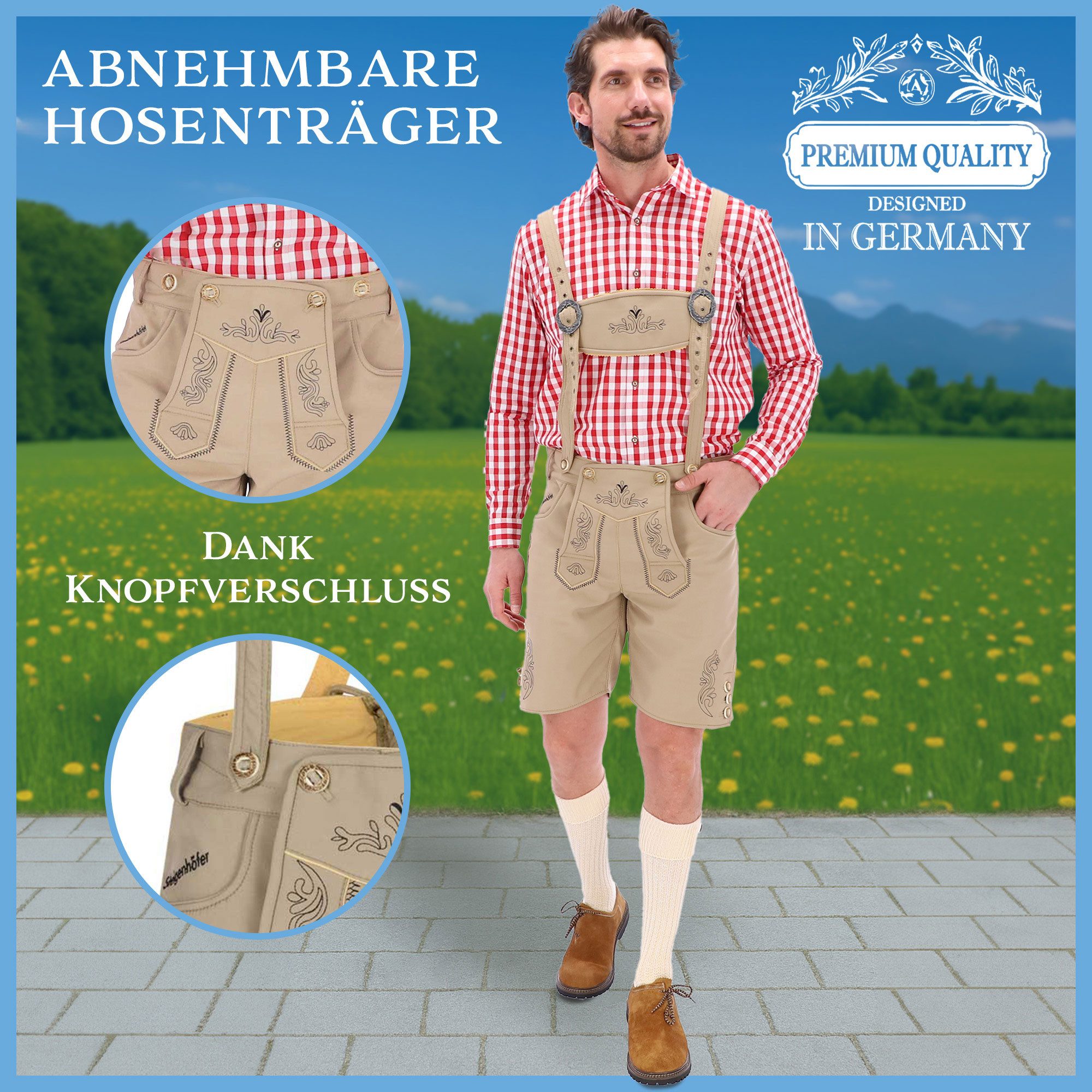 Steigenhöfer Manufaktur Trachtenhose Lukas Softshellhose im Lederhosen Look – Lederhose Herren Stil Tracht (Inklusive verstellbarer Träger) Atmungsaktiv - Schne – Bild 5 von 5