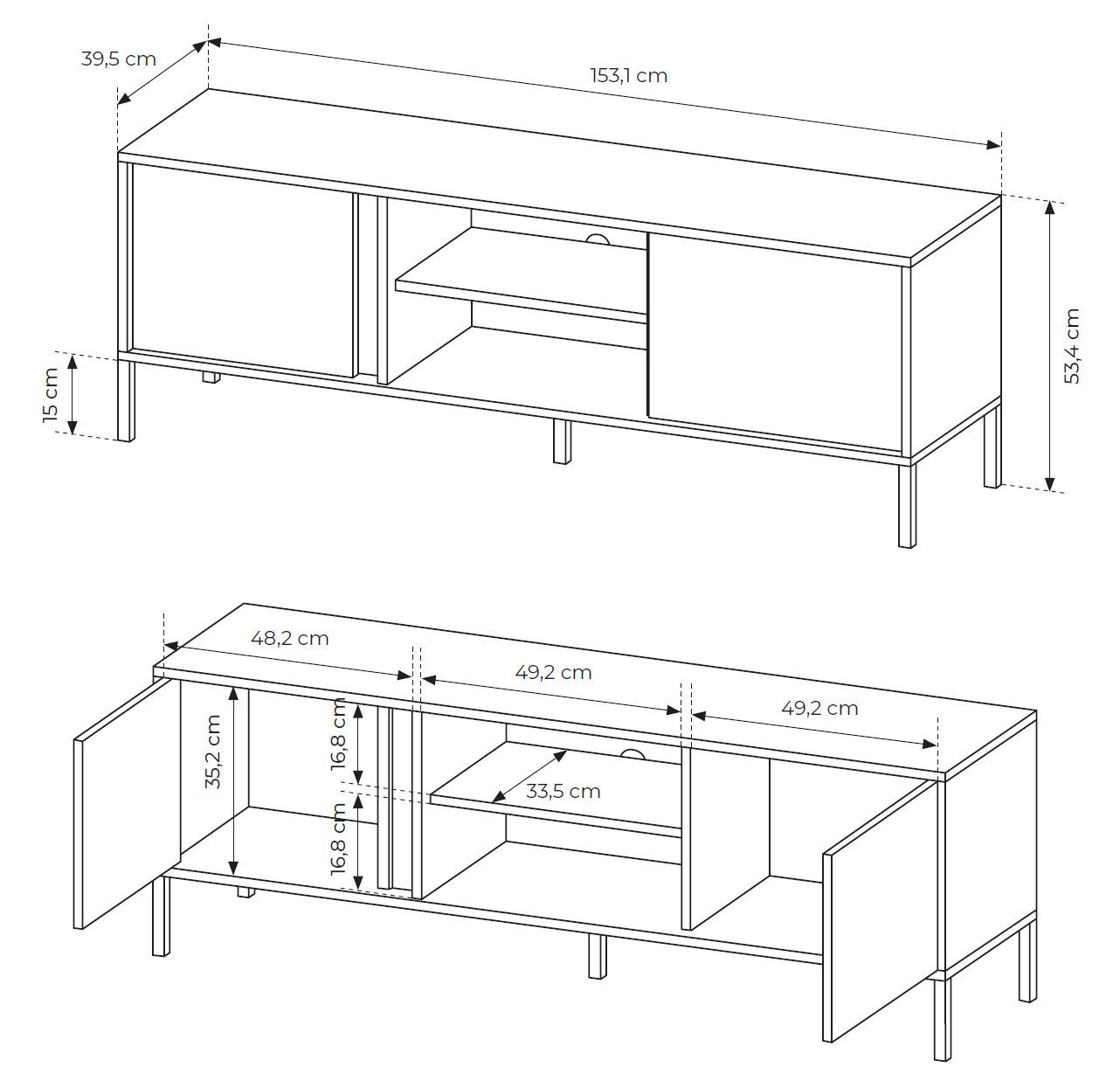 Feldmann-Wohnen Lowboard Dast (2 Türen, 2 offene Fächer, 1 St., moderne matte Optik, Grifflos, Push-to-Open), 153x39,5x53cm beige Ohne LED-Beleuchtung