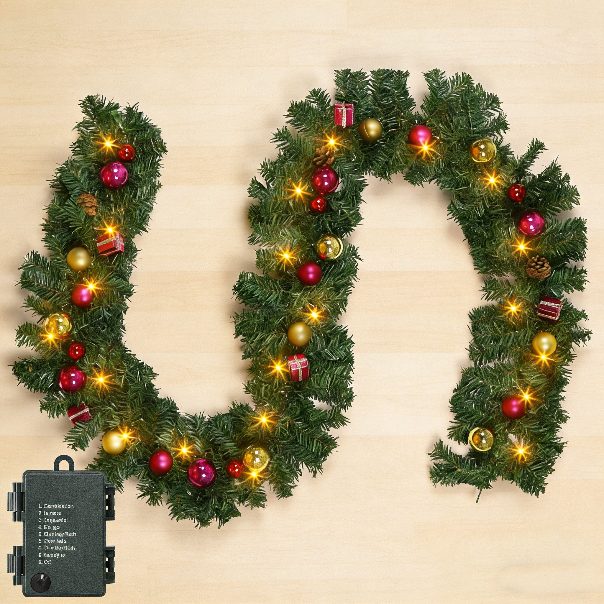 Kunstgirlande mit licht 1.75/2.7M Weihnachtsgirlande mit Beleuchtung, weihnachtsdeko, Elegear, deko für außen & innen, 8 Modi, wasserdichtes Batteriefach, Timer