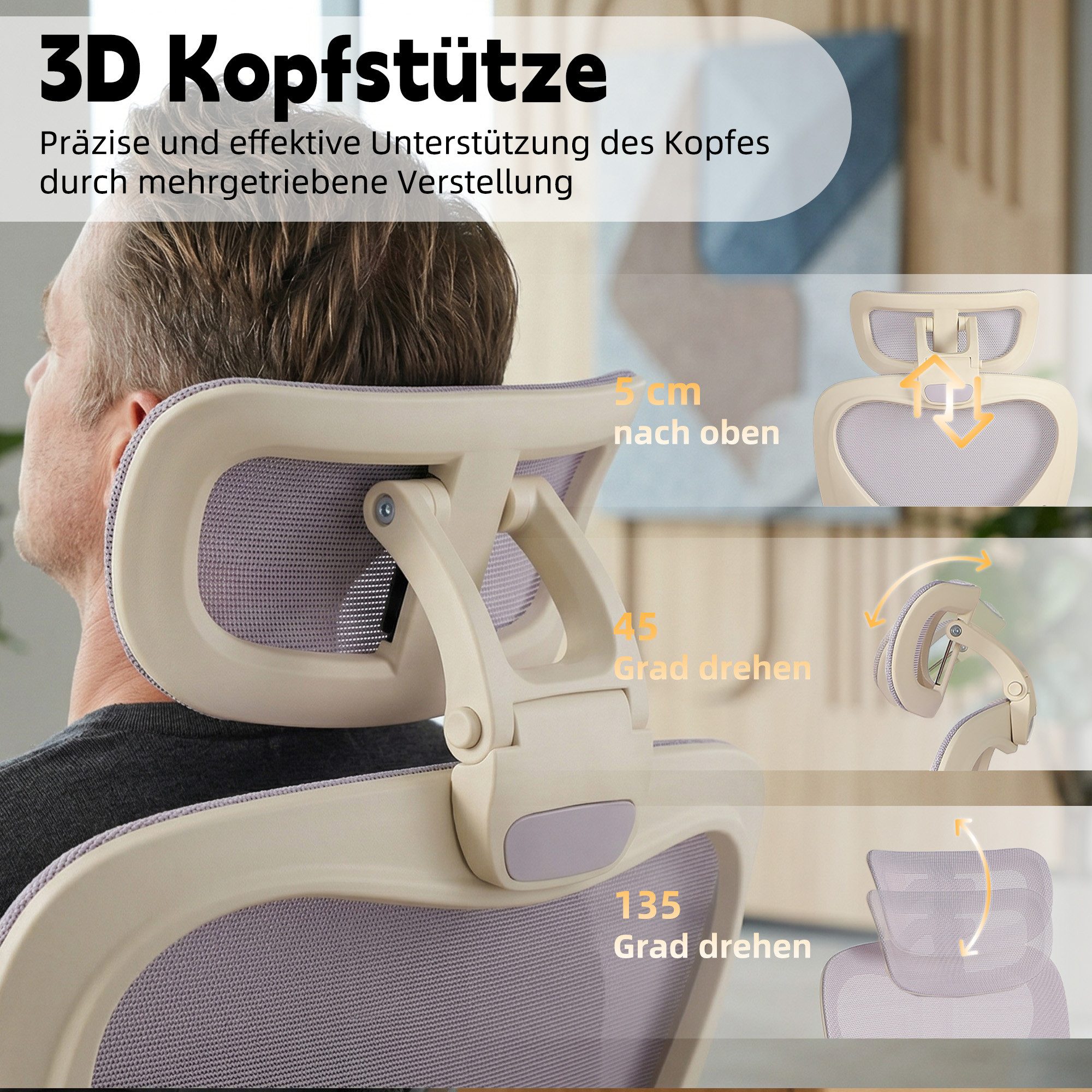 Vankel Bürostuhl Ergonomischer Drehstuhl mit 3D-Kopfstütze & ausziehbarer Fußstütze, Klappbares Design, atmungsaktiver Mesh-Bezug und Lordosenstütze