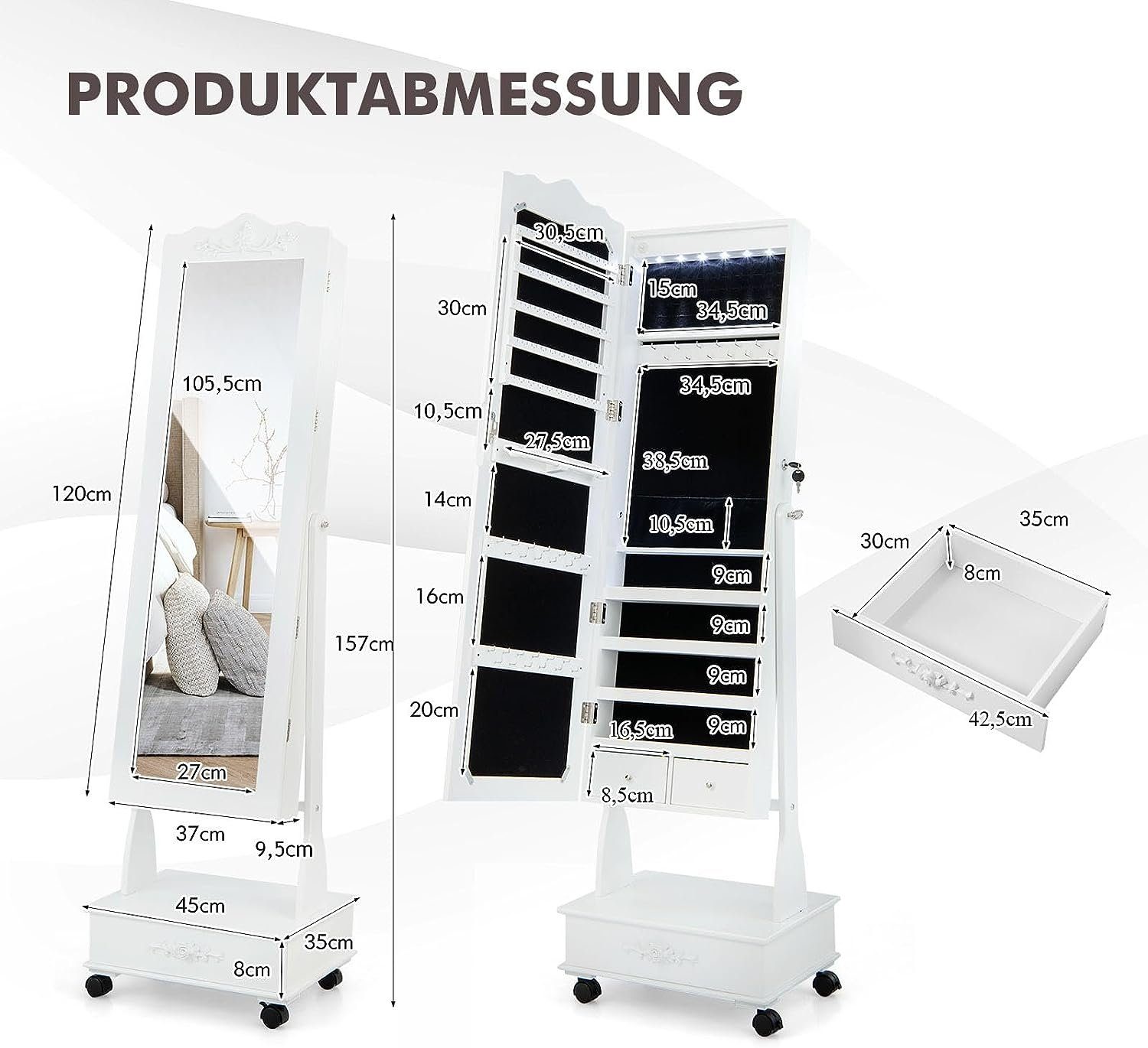 KOMFOTTEU Schmuckschrank Spiegelschrank mit LED-Licht mit Rollen Schublade, weiß &