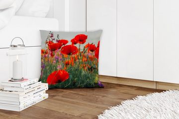 MuchoWow Dekokissen Mohn - Blumen - Rot - Lila - Wiese, Zierkissen mit Füllung für Wohzimmer, Schlafzimmer, Deko, Sofakissen