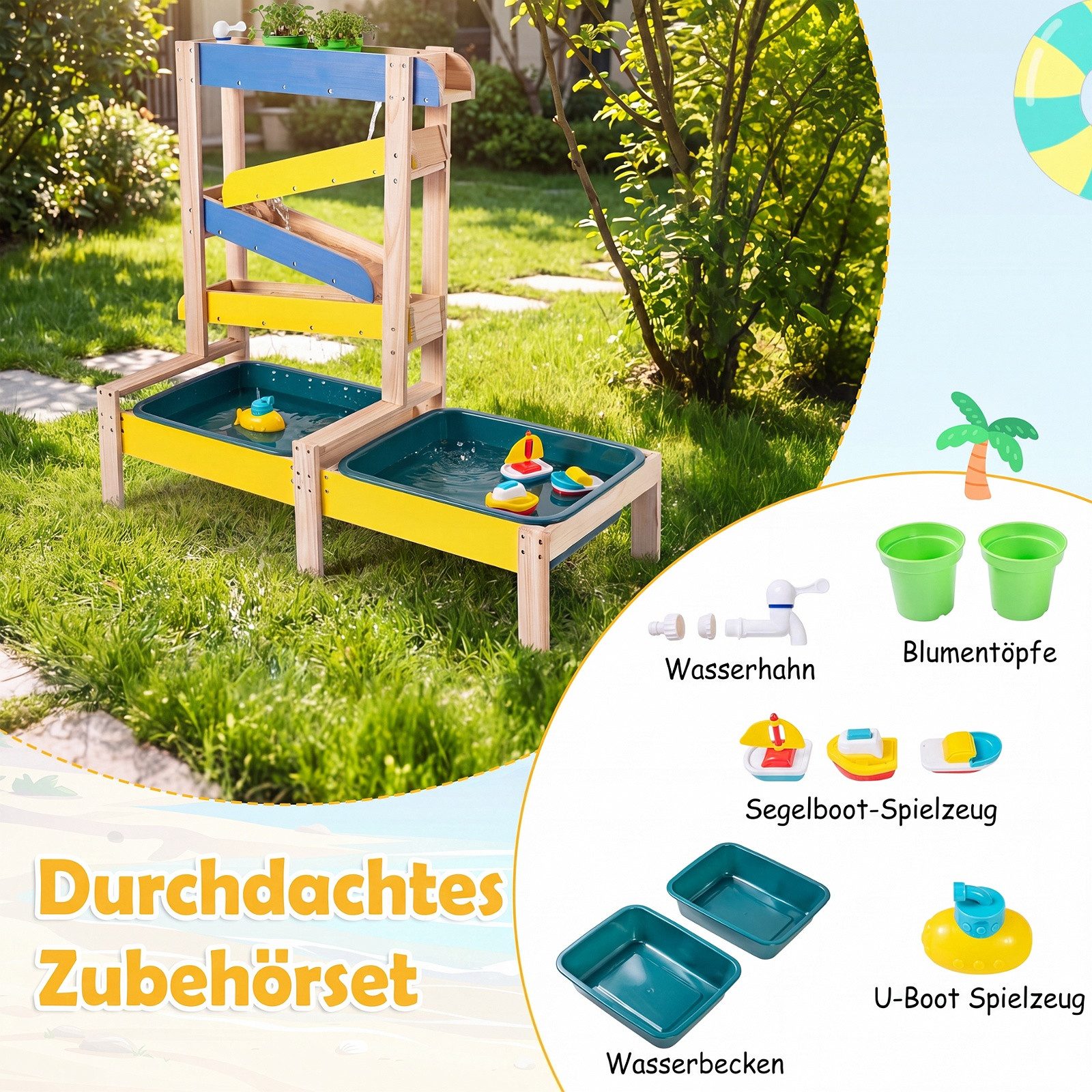 COSTWAY Wasserspieltisch, Aus Holz mit 2 Becken und Zubehör