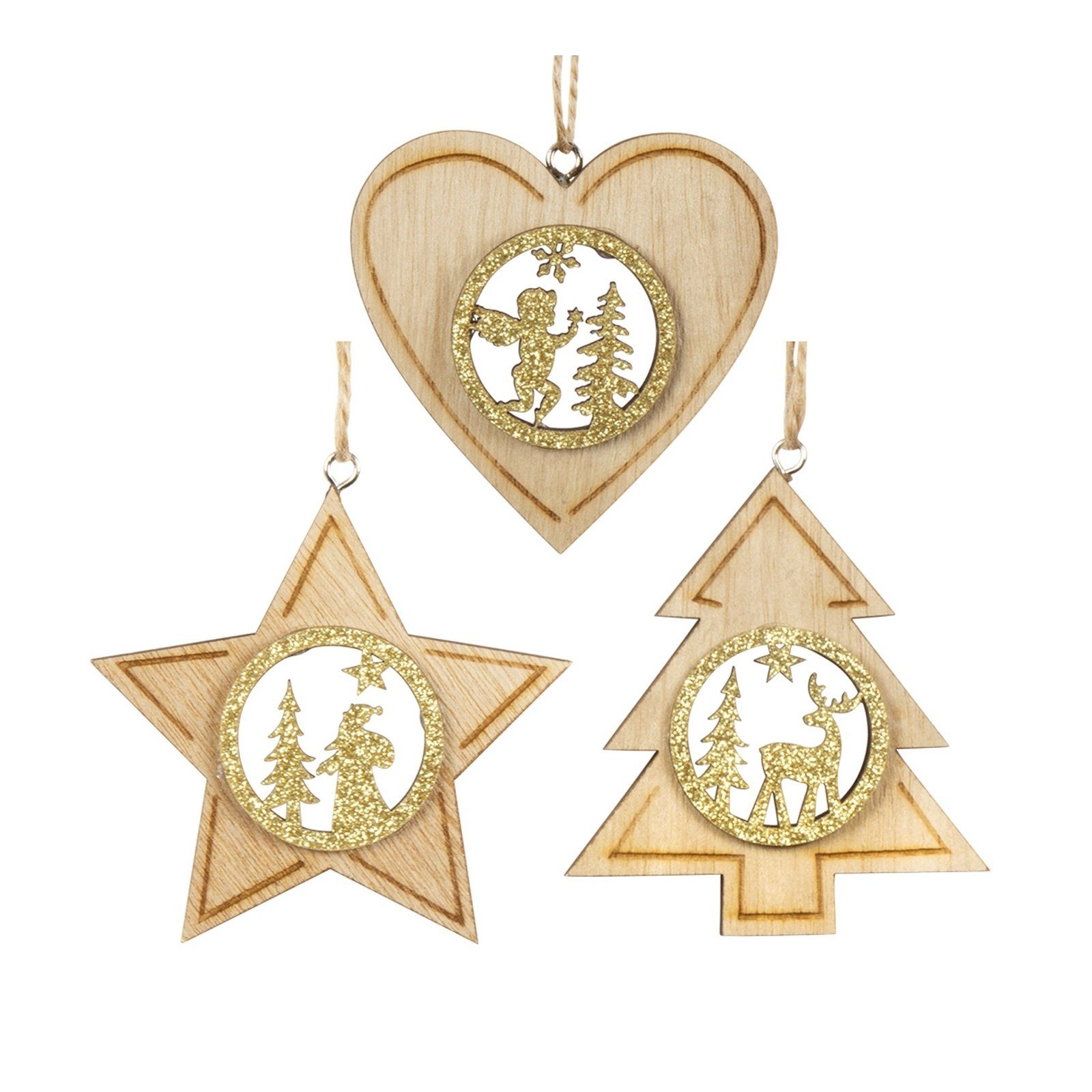 HTI-Living Christbaumschmuck Baumschmuck natur-gold, 3er Set Holz (3-tlg)