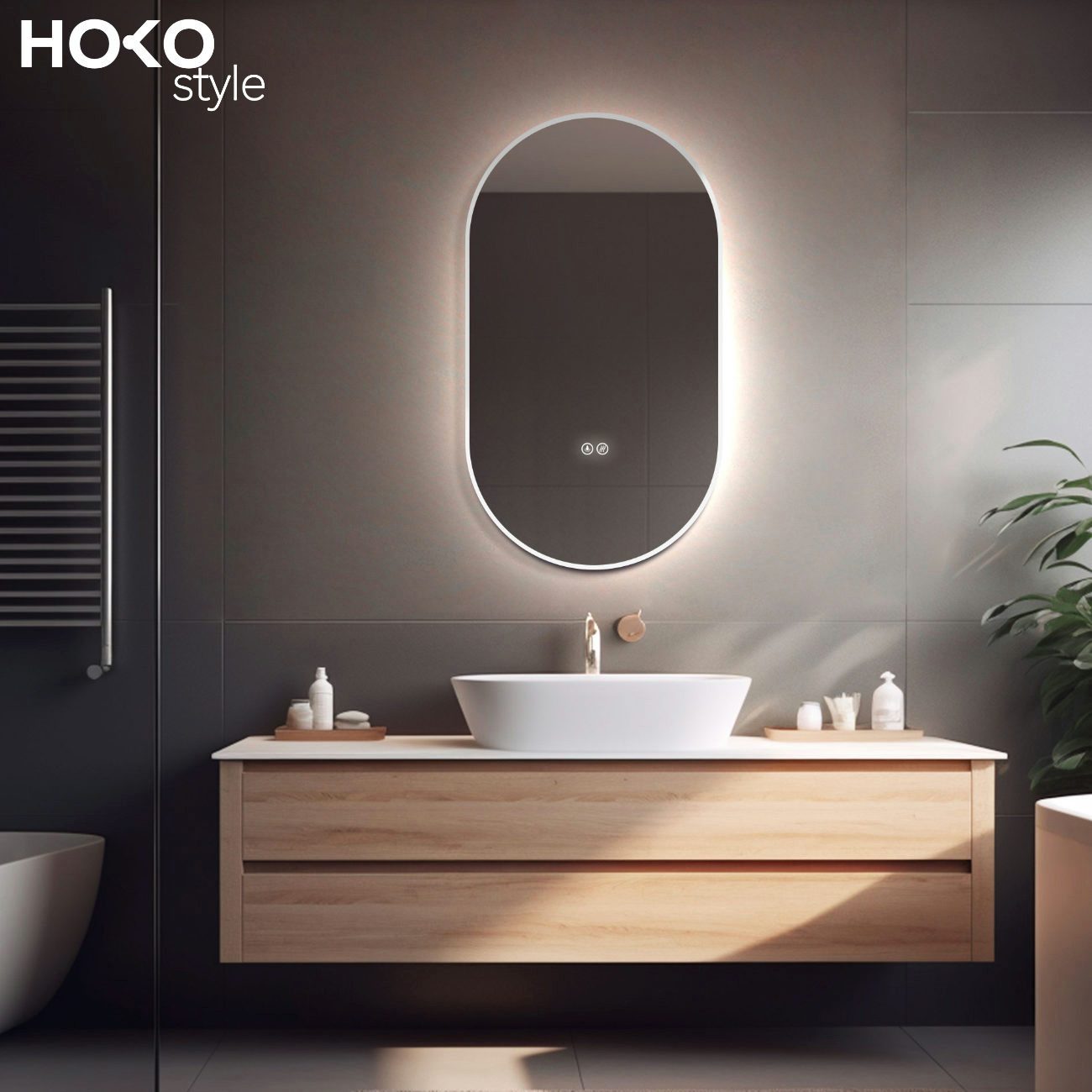 HOKO Badspiegel mit beleuchtung+Antifog, Oval Schwarz günstig online kaufen