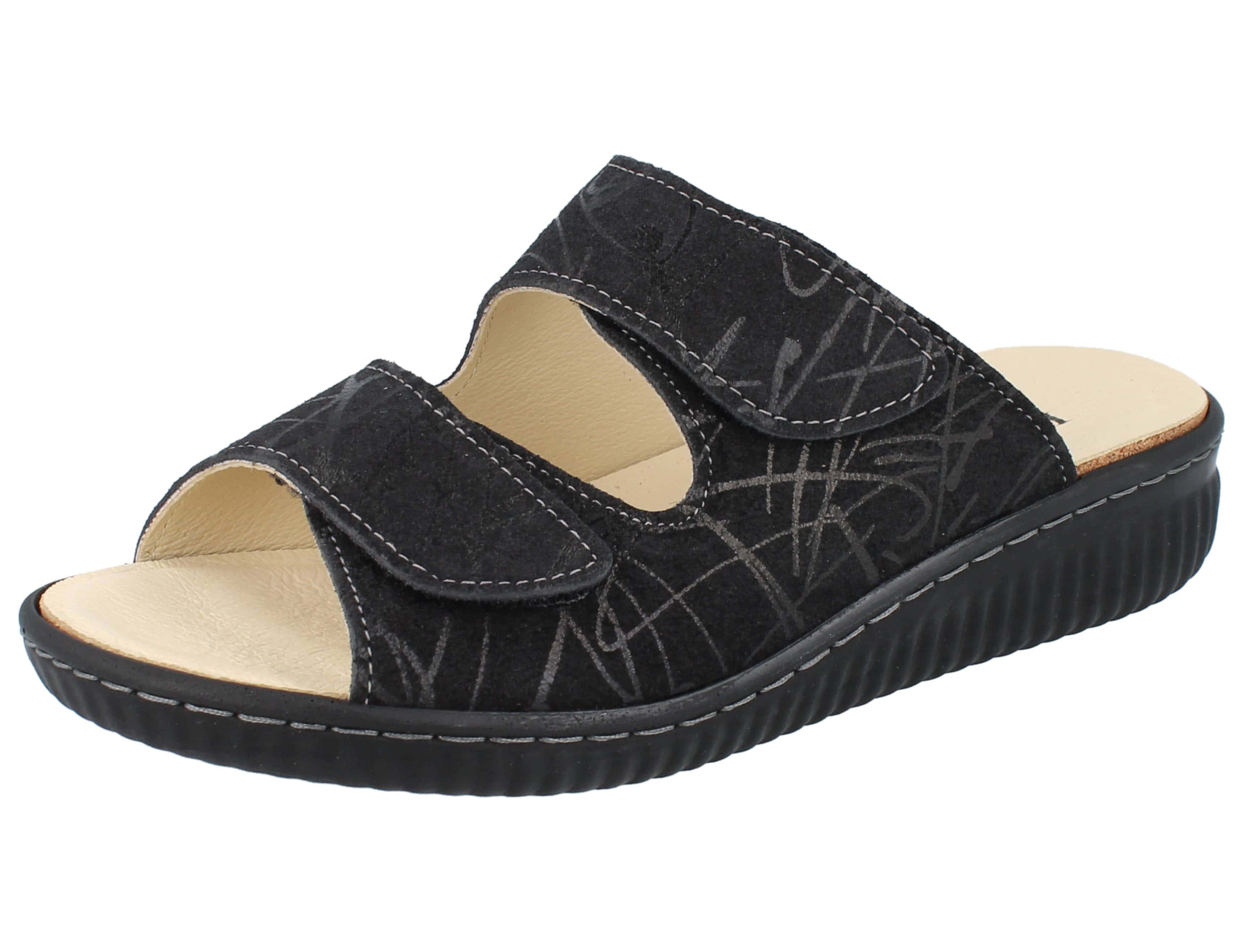 Longo LONGO Damen Pantolette schwarz bedrucktes Nubukleder - Größe: 42 Pantolette Wechselfußbett