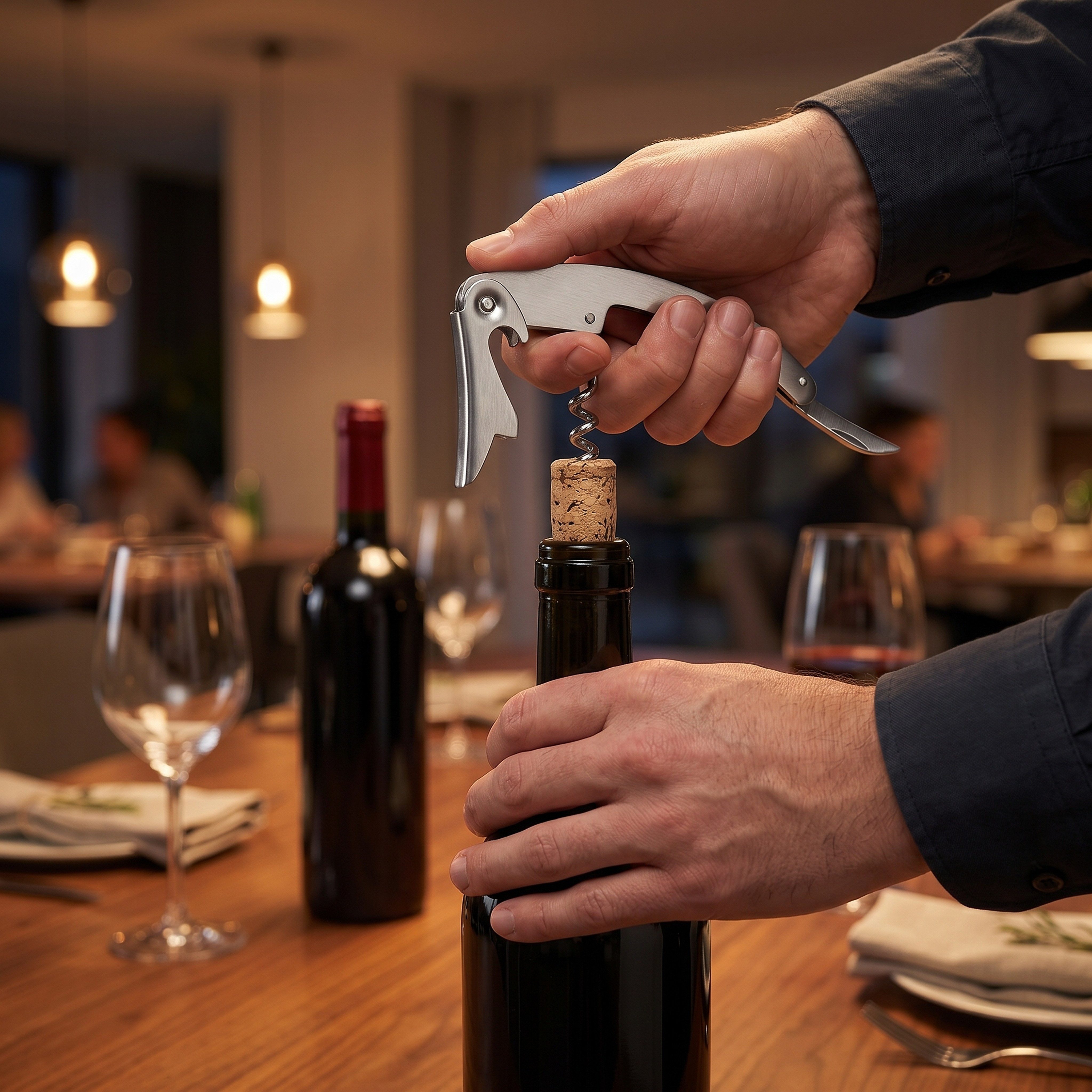 Arendo Korkenzieher Edelstahl Weinöffner, Flaschenöffner, Folienschneider Tasschenmesser, (für Wein, Picknick und Gastronomie), elegantes Kellnerbesteck mit ergonomischem Griff, Robust & kompakt