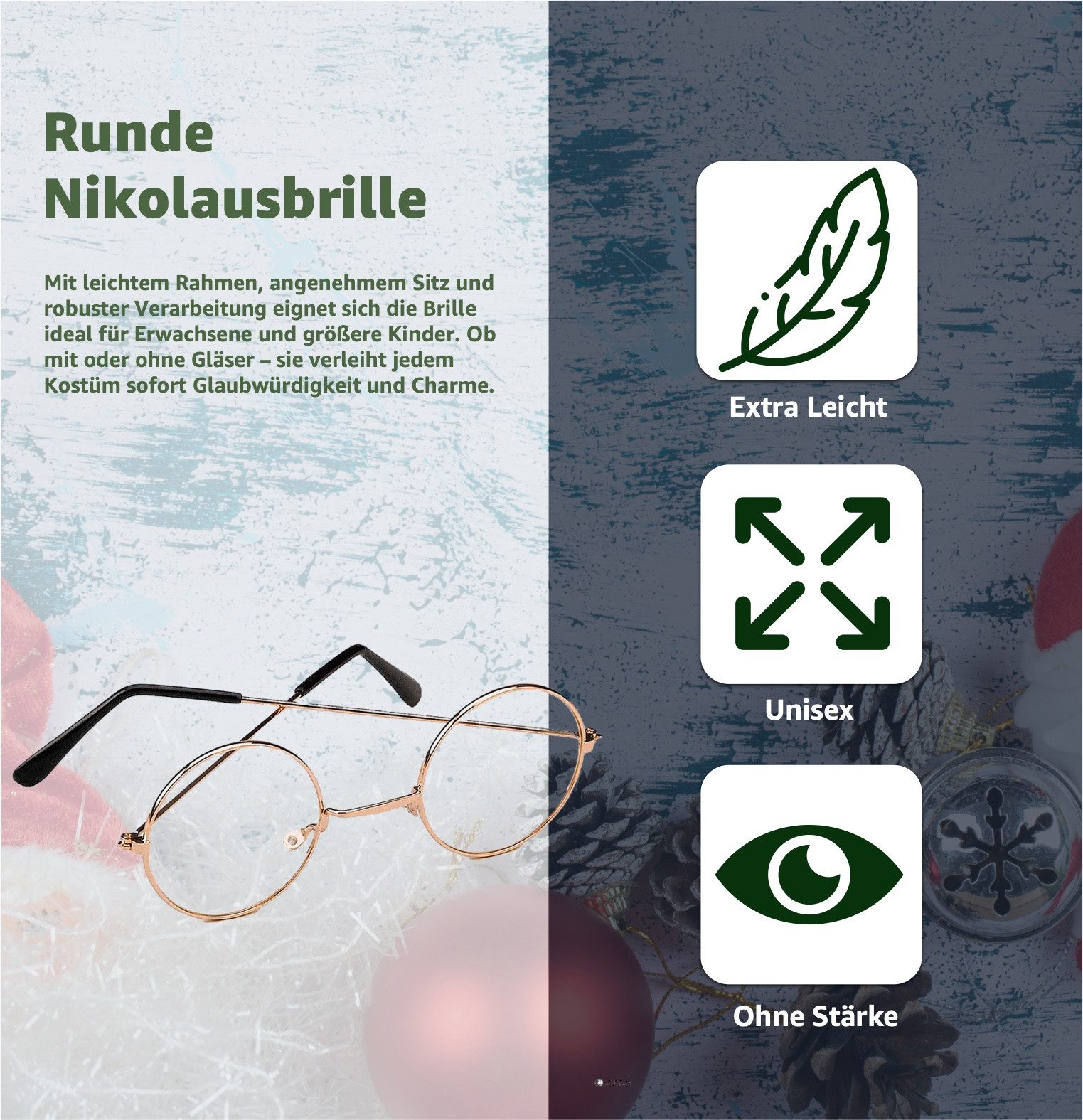 Weihnachtswunder® Kostüm 1x Weihnachtsmannbrille Nikolausbrille Brille Nikolaus Kostüm rund, Runde Gläser im traditionellen Weihnachtsmann-Stil