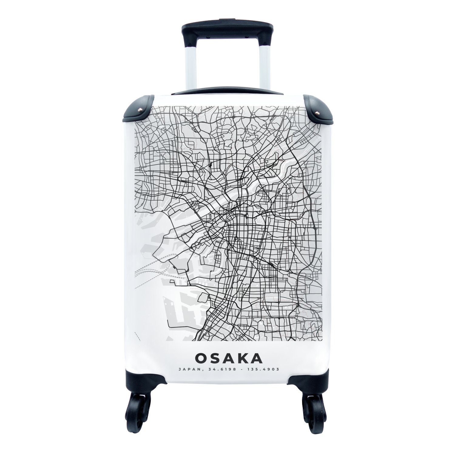 MuchoWow Handgepäckkoffer Osaka - Stadtplan - Schwarz und weiß - Karte, 4 Rollen, Reisetasche mit rollen, Handgepäck für Ferien, Trolley, Reisekoffer