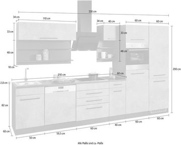 HELD MÖBEL Küchenzeile Tulsa, mit E-Geräten, Breite 330 cm, schwarze Metallgriffe, MDF Fronten