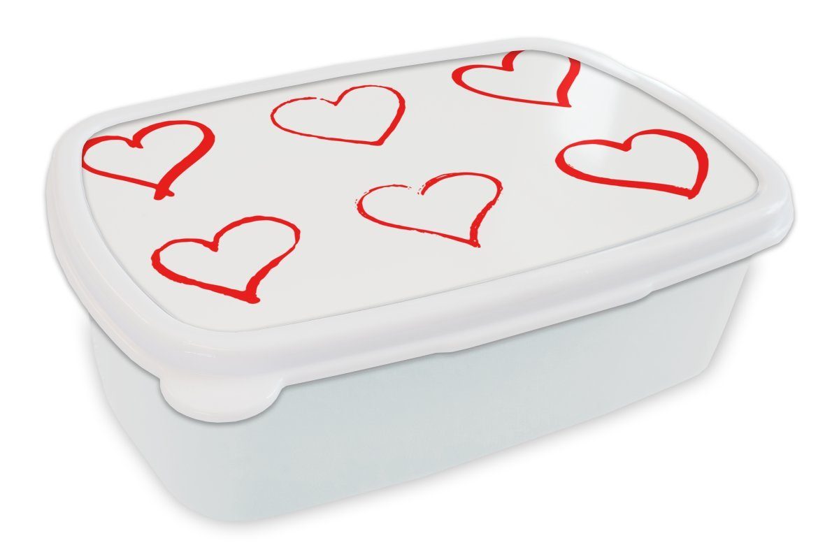 MuchoWow Lunchbox Eine Illustration mit sechs roten Herzen, Kunststoff, (2-tlg), Brotbox für Kinder und Erwachsene, Brotdose, für Jungs und Mädchen weiß