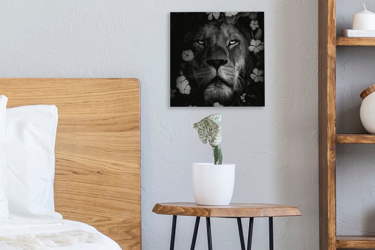 Wohnzimmer OneMillionCanvasses® Leinwand (1 - Schwarz Bilder für Weiß, St), - Blumen Löwe Schlafzimmer Dschungel - - Leinwandbild