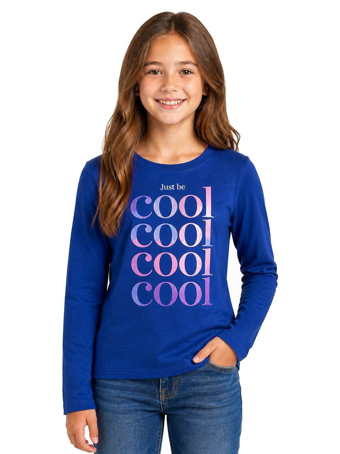 Fashion UK Langarmshirt Mädchen Longsleeve Blau „Just Be Cool“ Glitzerdruck Shirt