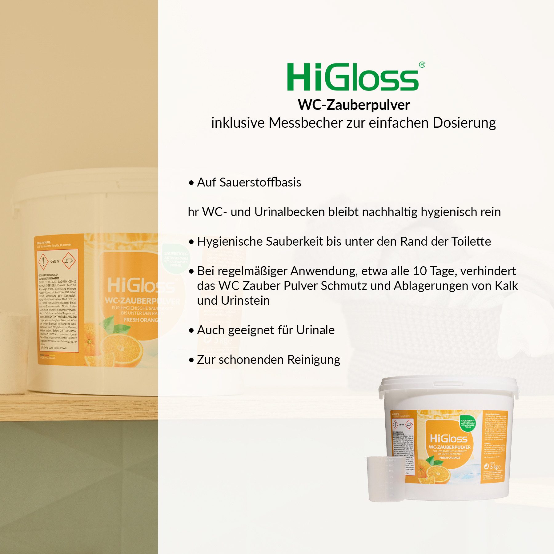 HiGloss "WC Zauberpulver" WC-Reiniger (1-St. 5 Kg Toiletten-Reinigungspulver, WC Schaum mit Schmutzfindertechnologie)