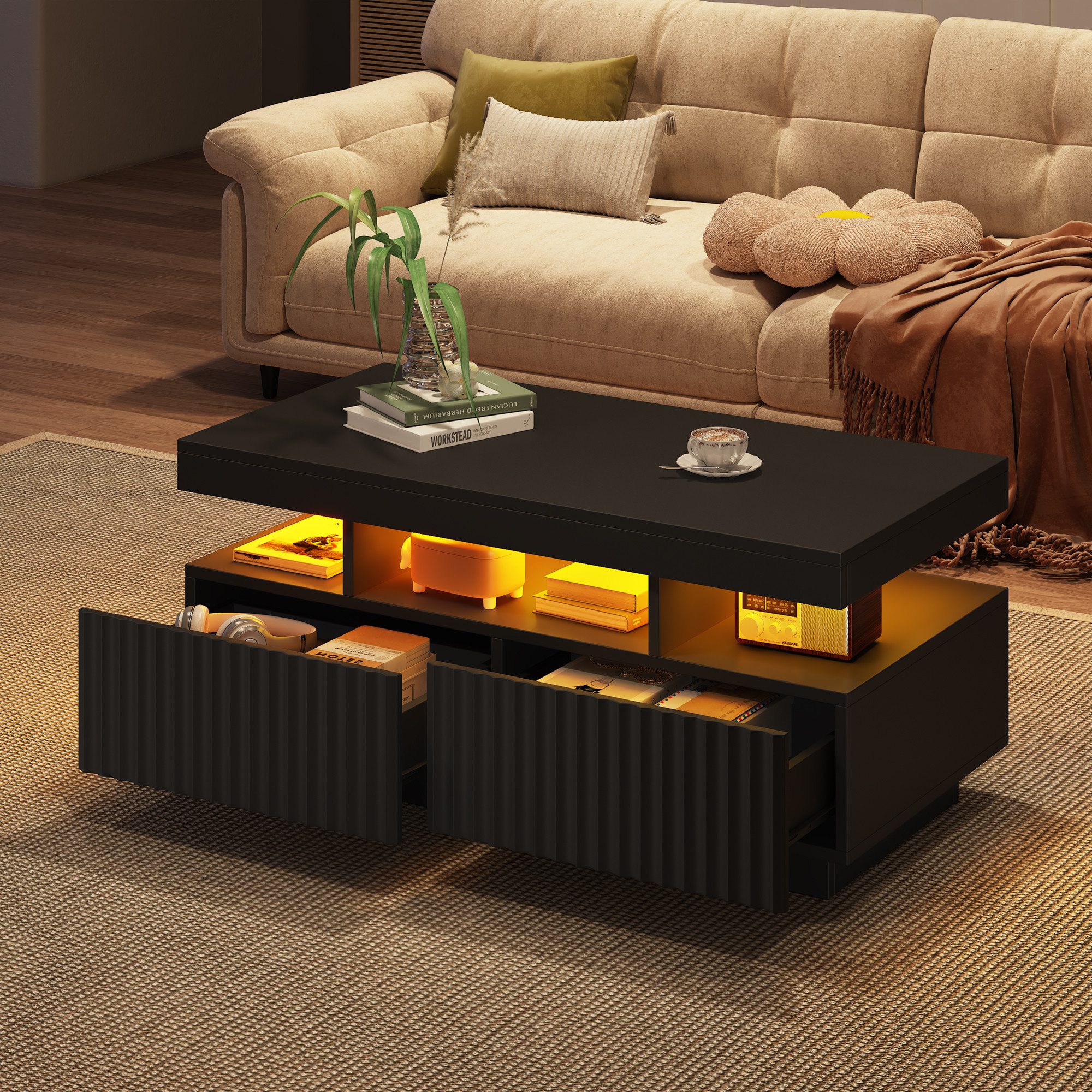 OKWISH Couchtisch Teetisch mit Vertikal gestreifter (Packung, 1-St., zwei Schubladen), mit LED-Lichtleiste