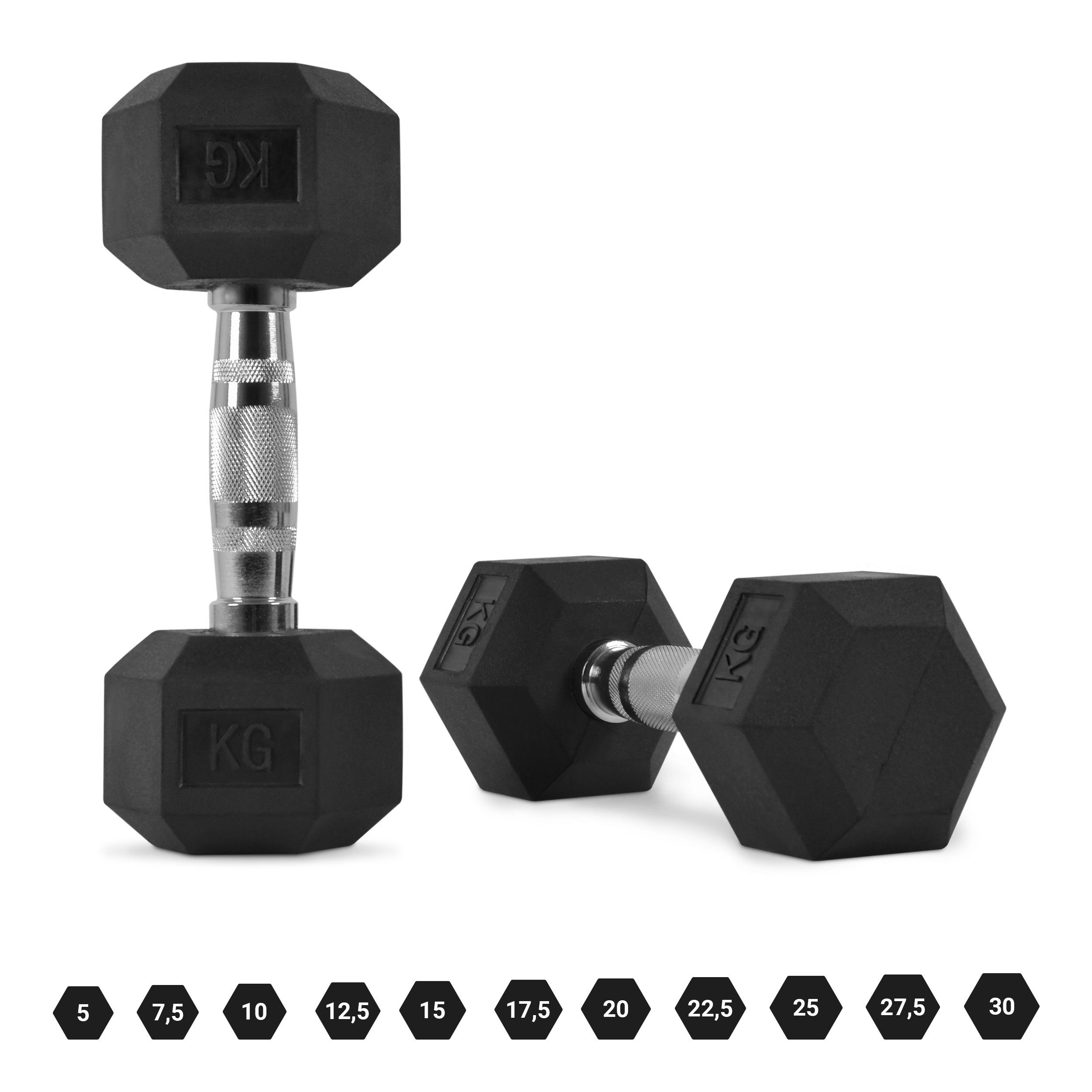 MSports® Hantel Hexagon-Hanteln 2er ummantelt rutschsicher ergonomische verchromte 5-30 Set Kurzhantel-Set Dumbbell-Set kg Griffe (Paar)