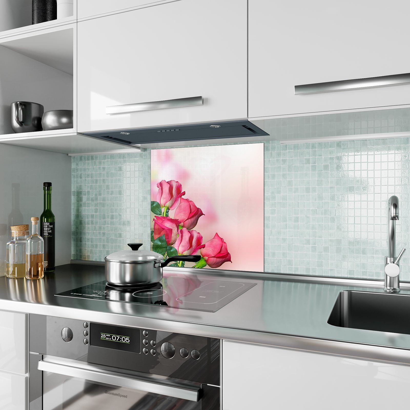 Primedeco am Spritzschutz Küchenrückwand Küchenrückwand Glas Rosen Rand mit Motiv
