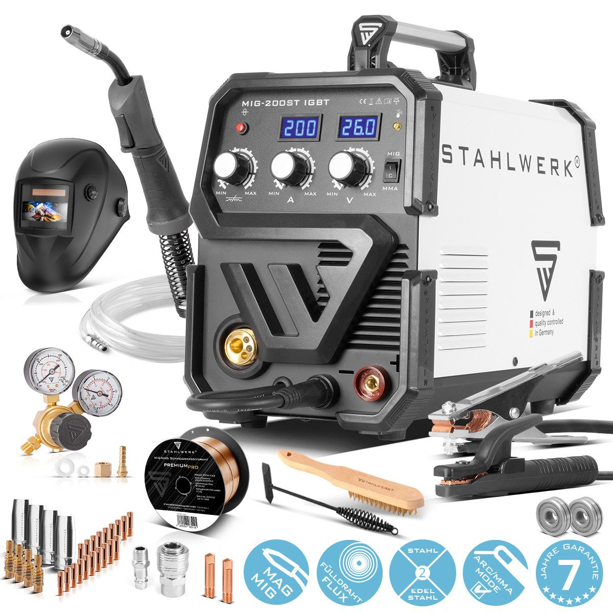 STAHLWERK Schutzgasschweißgerät MIG MAG 200 ST IGBT Vollausstattung inkl. Zubehör, 40 - 200 A, Packung, 1-tlg., Vollausstattung, mit 200 Ampere