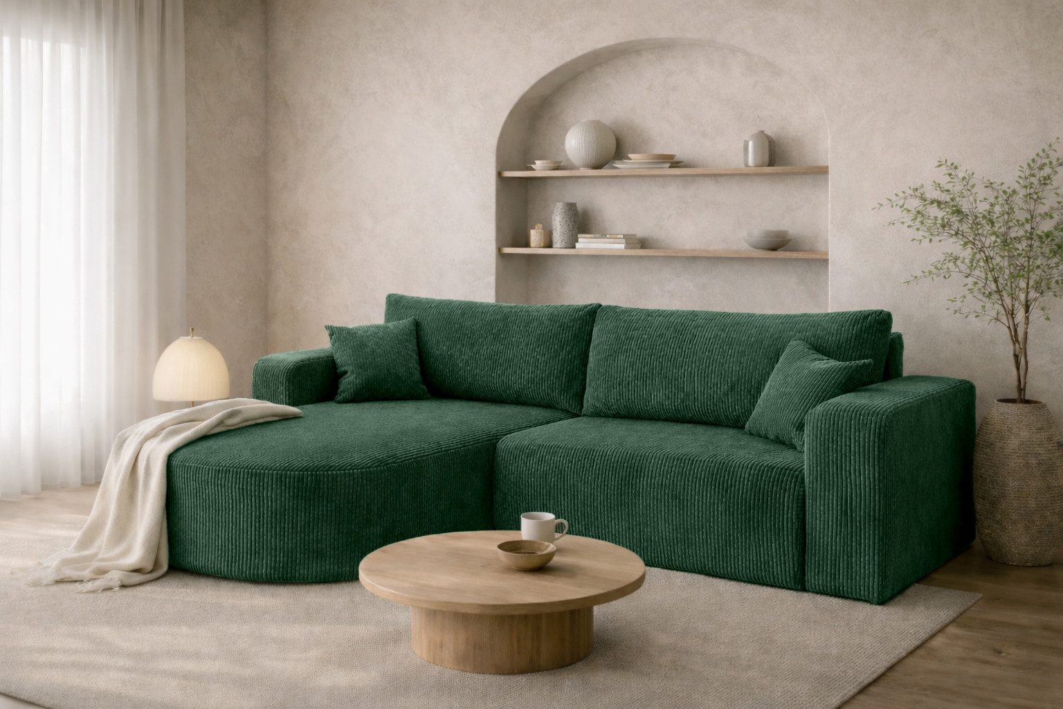 Kaiser Möbel Ecksofa mit Schlaffunktion für Wohnzimmer, Cordstoff Poso, ROUND ONE, abgerundete Form, Liegefunktion, Stauraum, modernes Design
