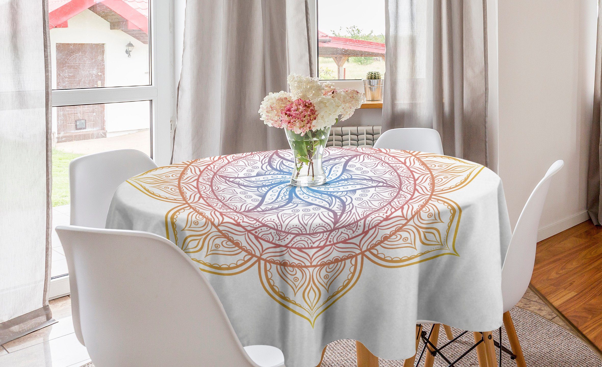 Abakuhaus Tischdecke Kreis Tischdecke Abdeckung für Esszimmer Küche Dekoration, Regenbogen-Mandala Blumen-Blüte