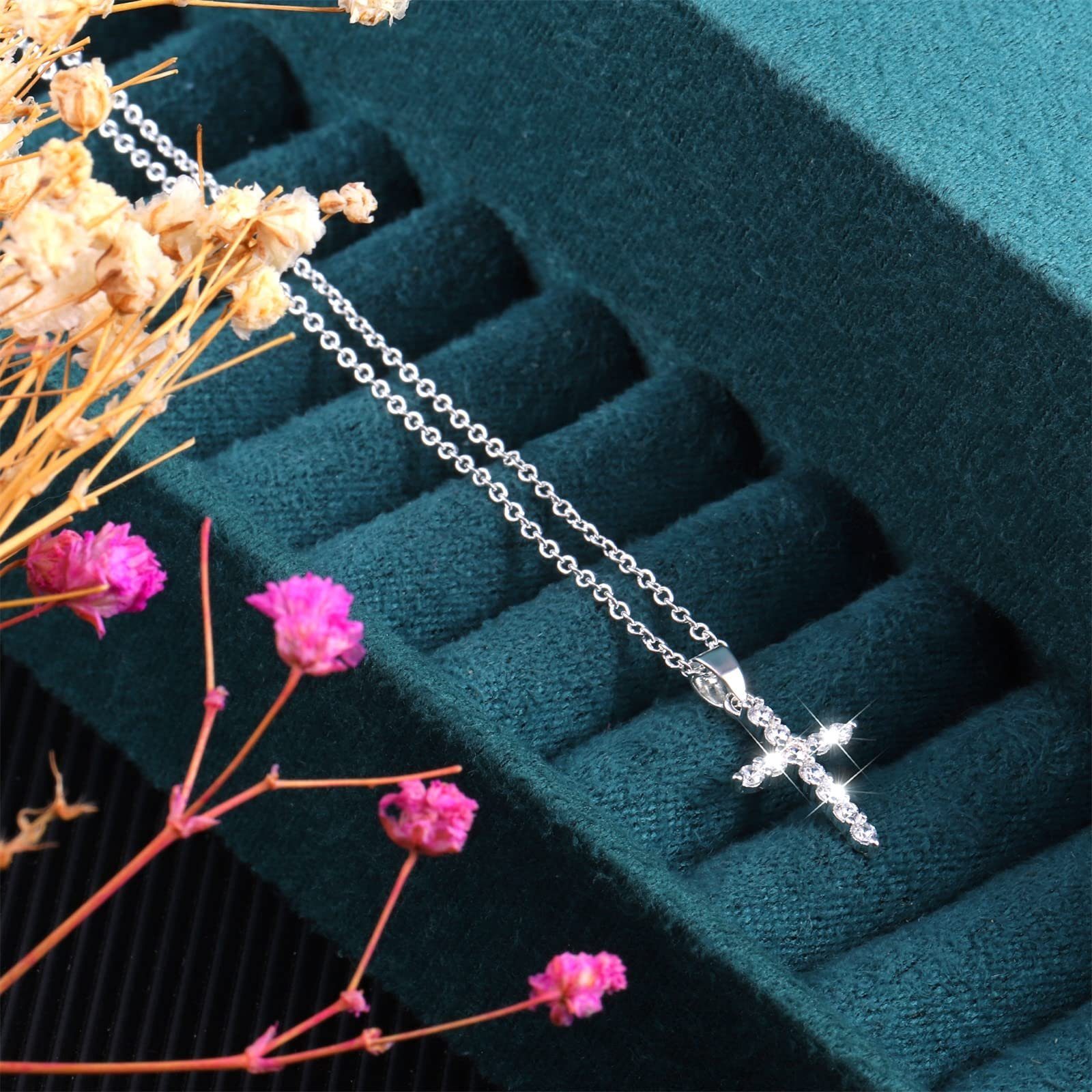 POCHUMIDUU Lange Kette Kreuzkette Silver für Zirkoniakette Kreuz mit Girls, Frauen