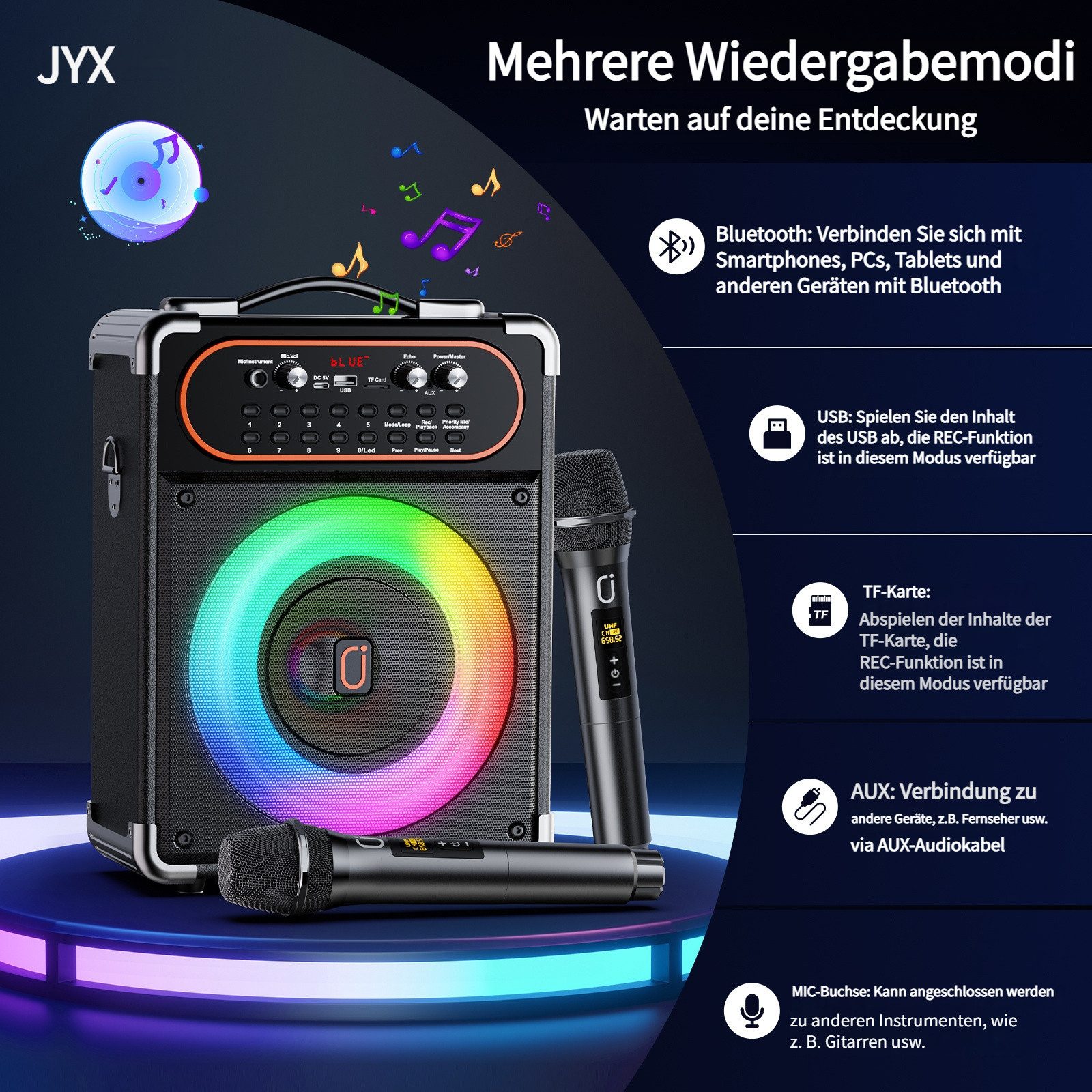 JYX Karaoke Lautsprecher mit 2 kabellosen Mikrofonen, Bluetooth Karaoke-Maschine (Disco-Licht, 12h Akku, tragbar für Party & Events)