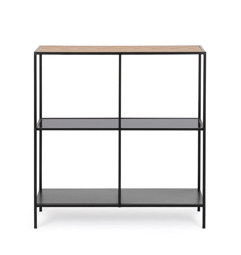 Natur24 Beistelltisch Haldor Konsolentisch 82 x 33 x 85 cm Stahl Glas MDF Gummiholz Schwarz