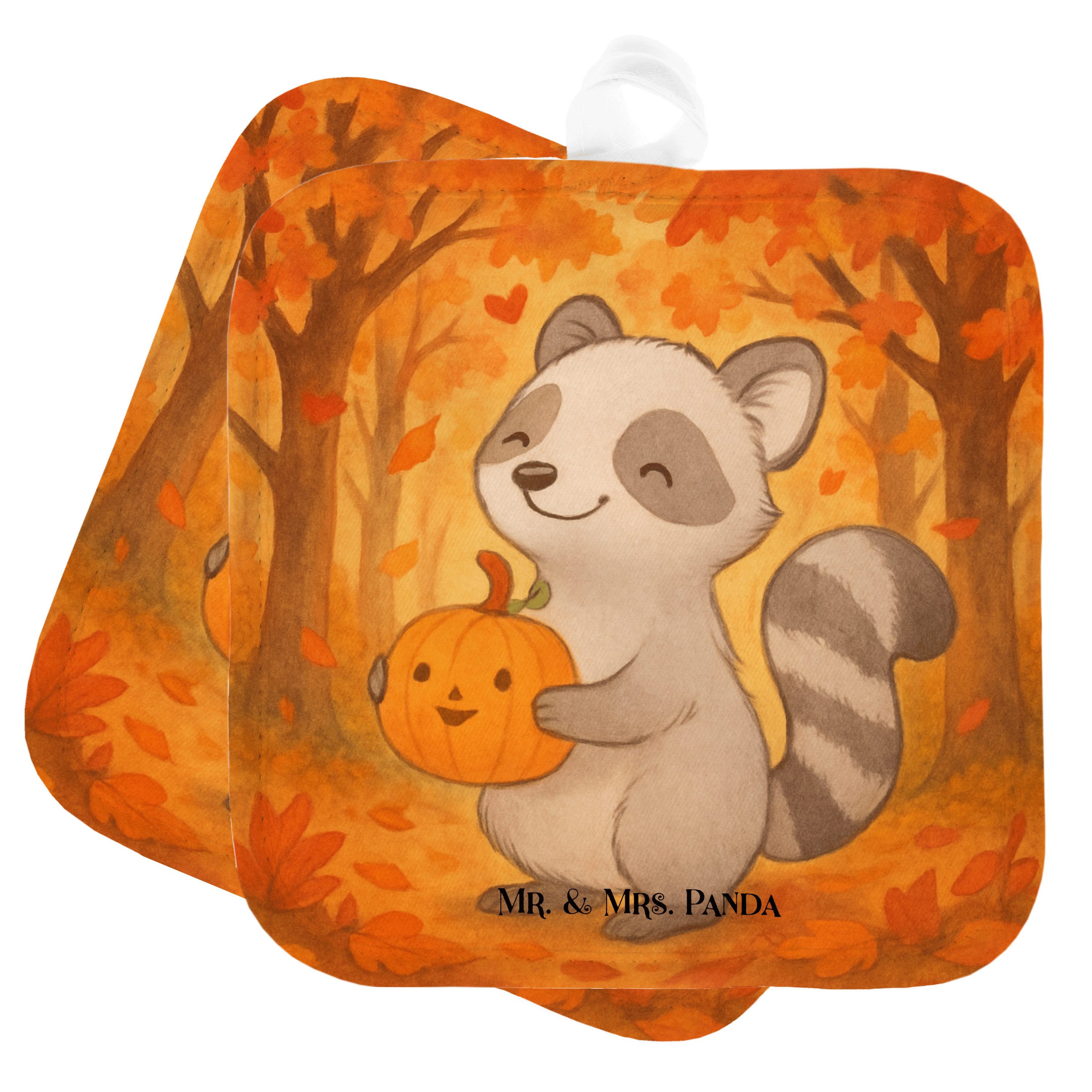 Mr. & Mrs. Panda Topflappen Waschbär Kürbis Design, Topflappen, Weiß, Trick Or Treat, Dekoration, (Packung), Halloween Deko 2er Set Topflappen Waschbär