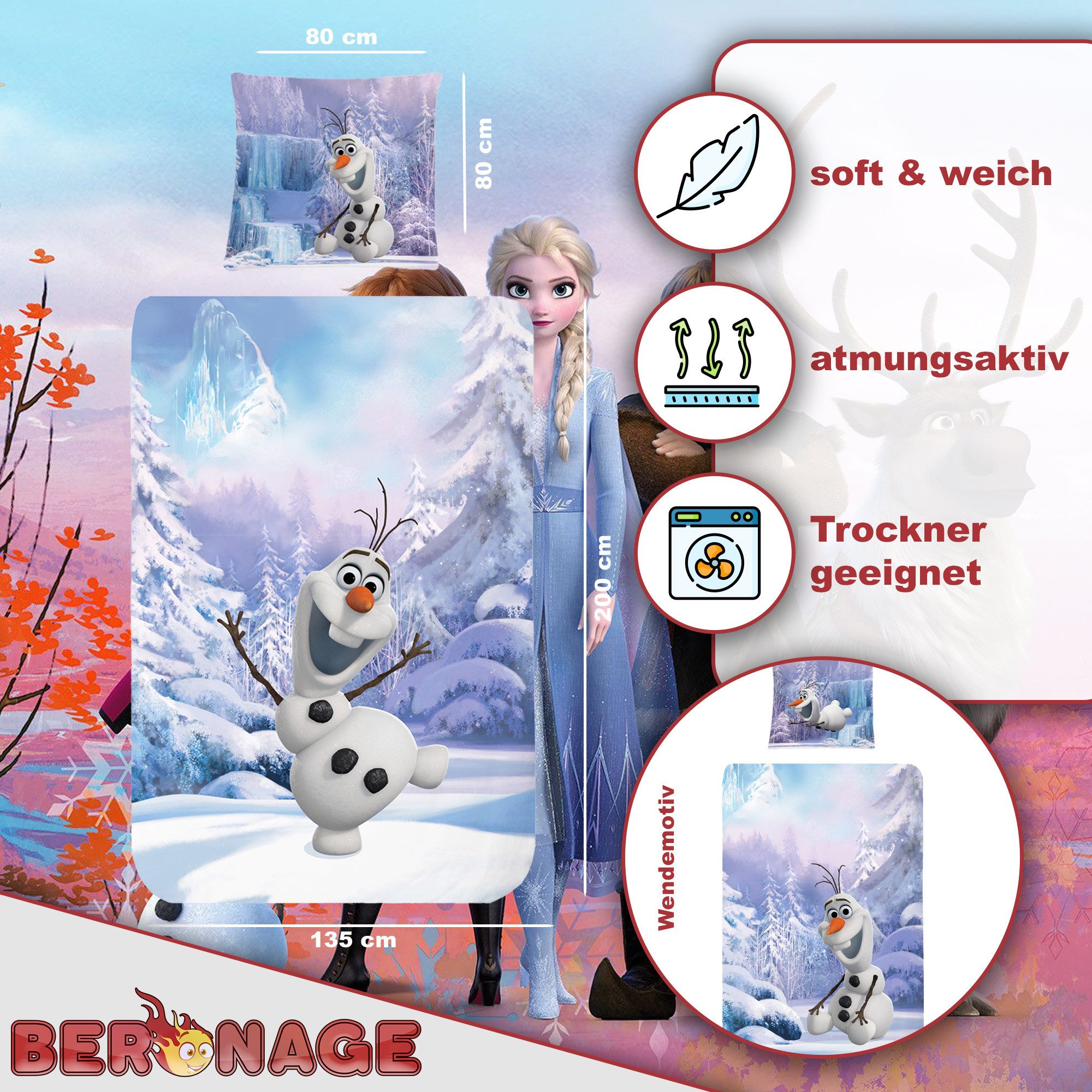 BERONAGE Kinderbettwäsche Frozen Die Eiskönigin Olaf Der Schneemann Bettwäsche Linon / Renforcé, 100% Baumwolle, 2 teilig, 135x200 + 80x80 cm