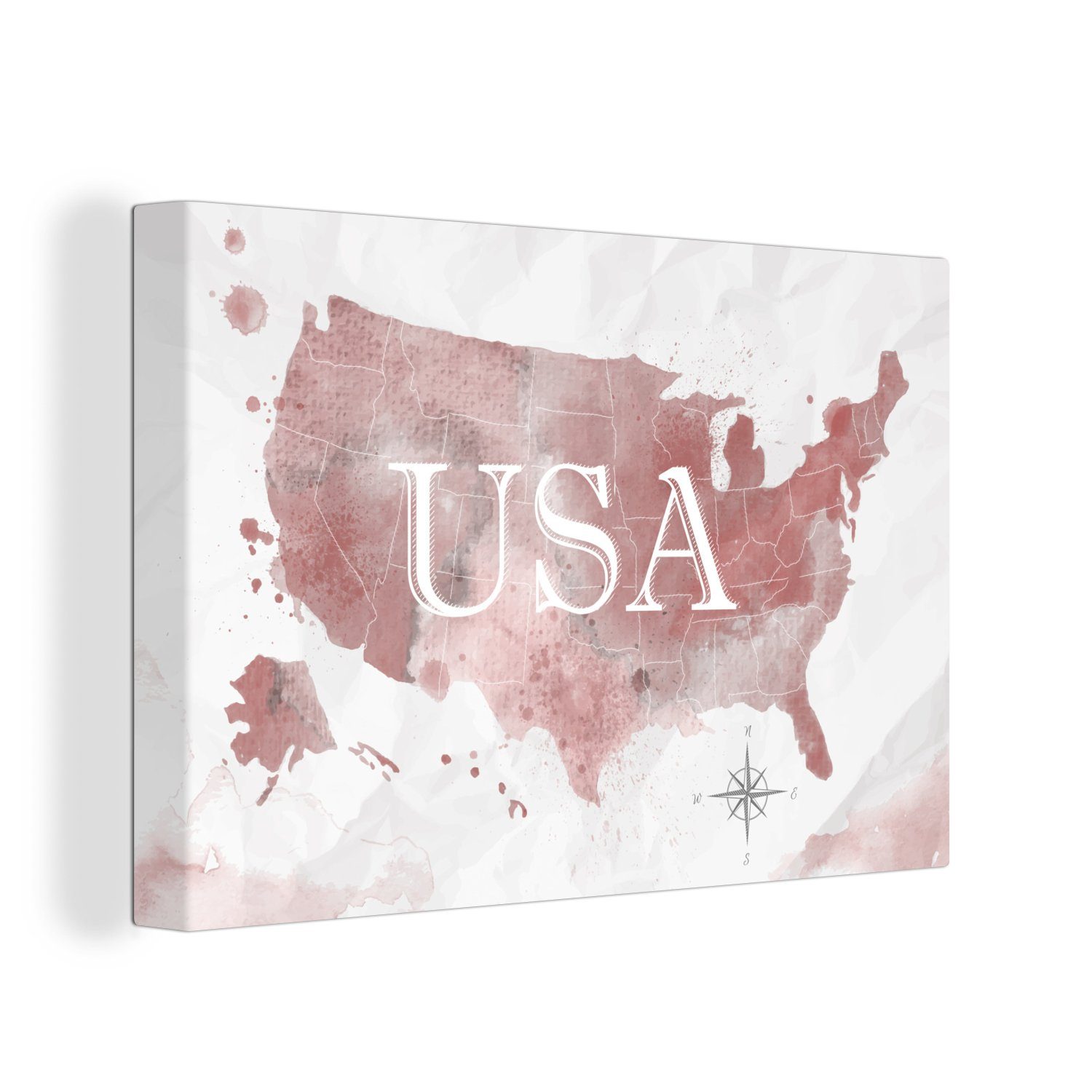 OneMillionCanvasses® Leinwandbild Karte - Amerika - Aquarell, (1 St), Wandbild Leinwandbilder, Aufhängefertig, Wanddeko, 30x20 cm