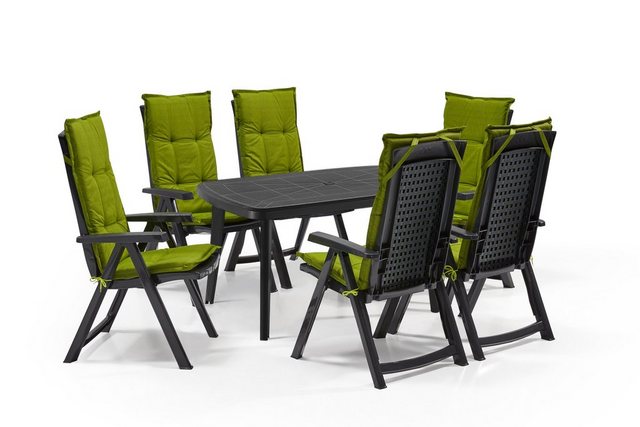 Shaf Gartenlounge-Set Shaf Diningset Milano anthrazit 7 teilig, mit Stühle, Tisch, Polster, klappbarer Stuhl, verstellbare Rückenlehne