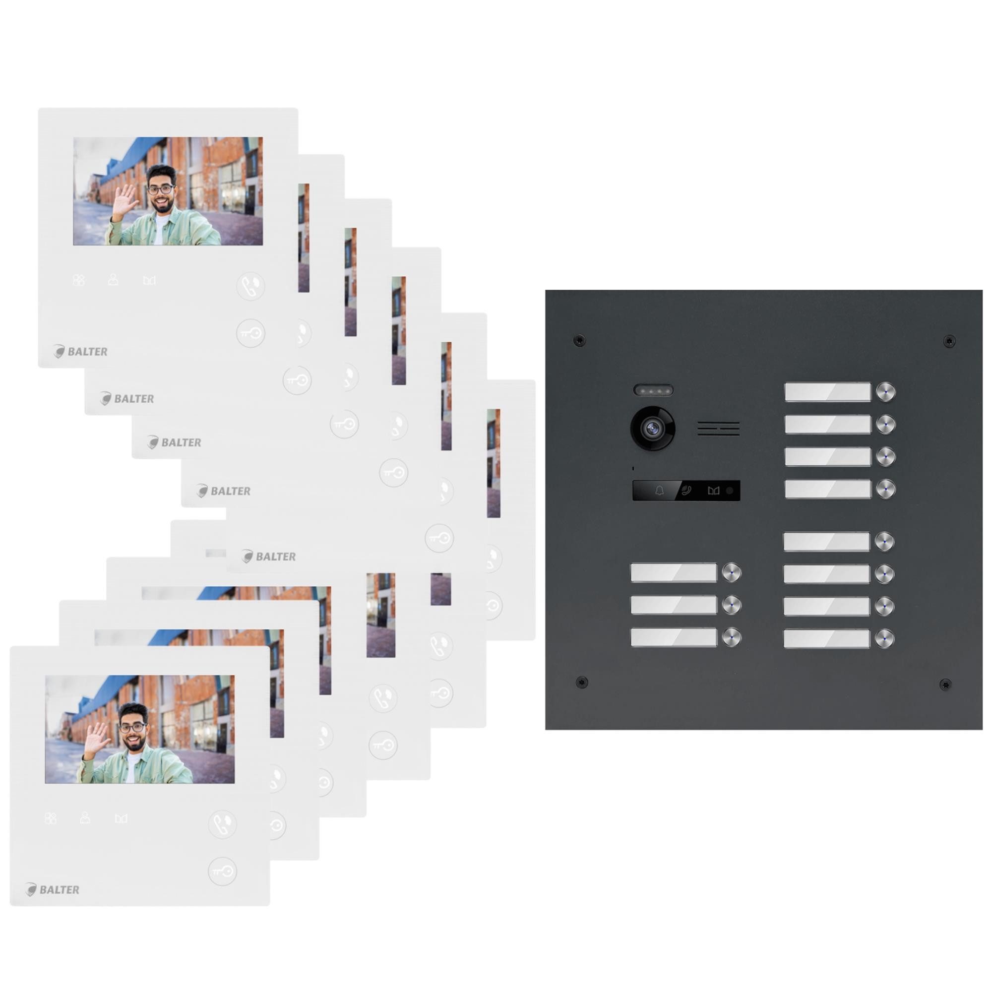Balter Video-Türsprechanlage EVO MINI Komplettsystem für 11-Familienhaus Anthrazit 11x4.3" Monitore (Set, 11-Familienhaus, Komplettsett, 2-Draht BUS, 150° Weitwinkel-Kamera)