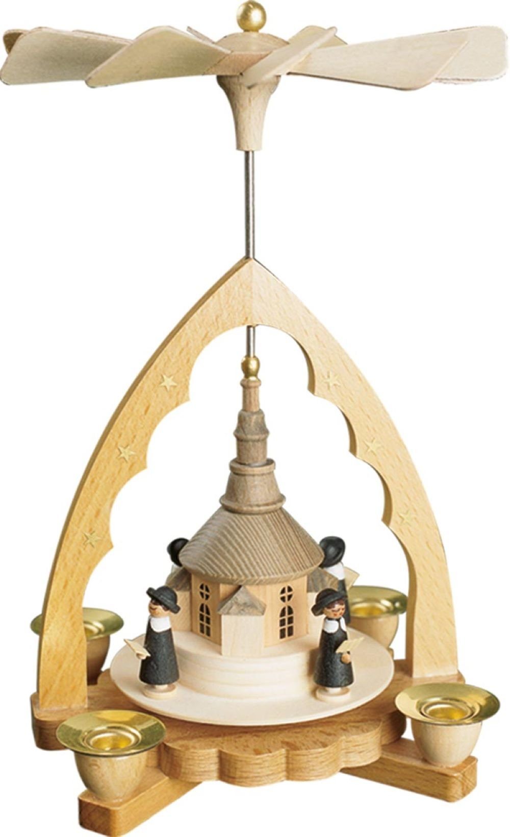 Richard Glaesser Weihnachtspyramide Pyramide Seiffener Kirche mit Kurrende, Höhe 19 cm, Handwerkskunst original Erzgebirge