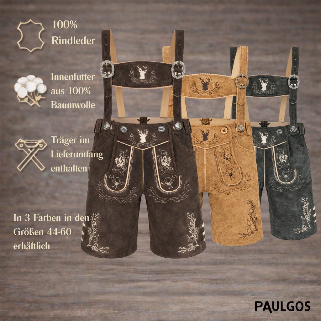 PAULGOS Trachtenhose Herren Lederhose Kurz mit Trägern 100% Echtleder - HK3