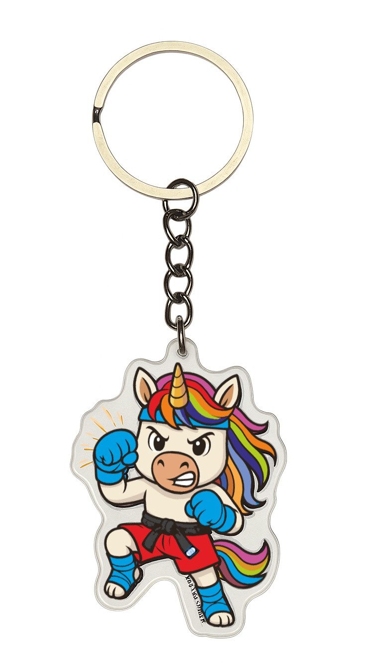 BAY-Sports Schlüsselanhänger Einhorn Kampfsport Kickboxen Thaiboxen Muay Thai MMA Geschenk Tasche (11 cm, Stück), Boxicorn Unicorn Fight Acryl Figur mit Regenbogenmähne