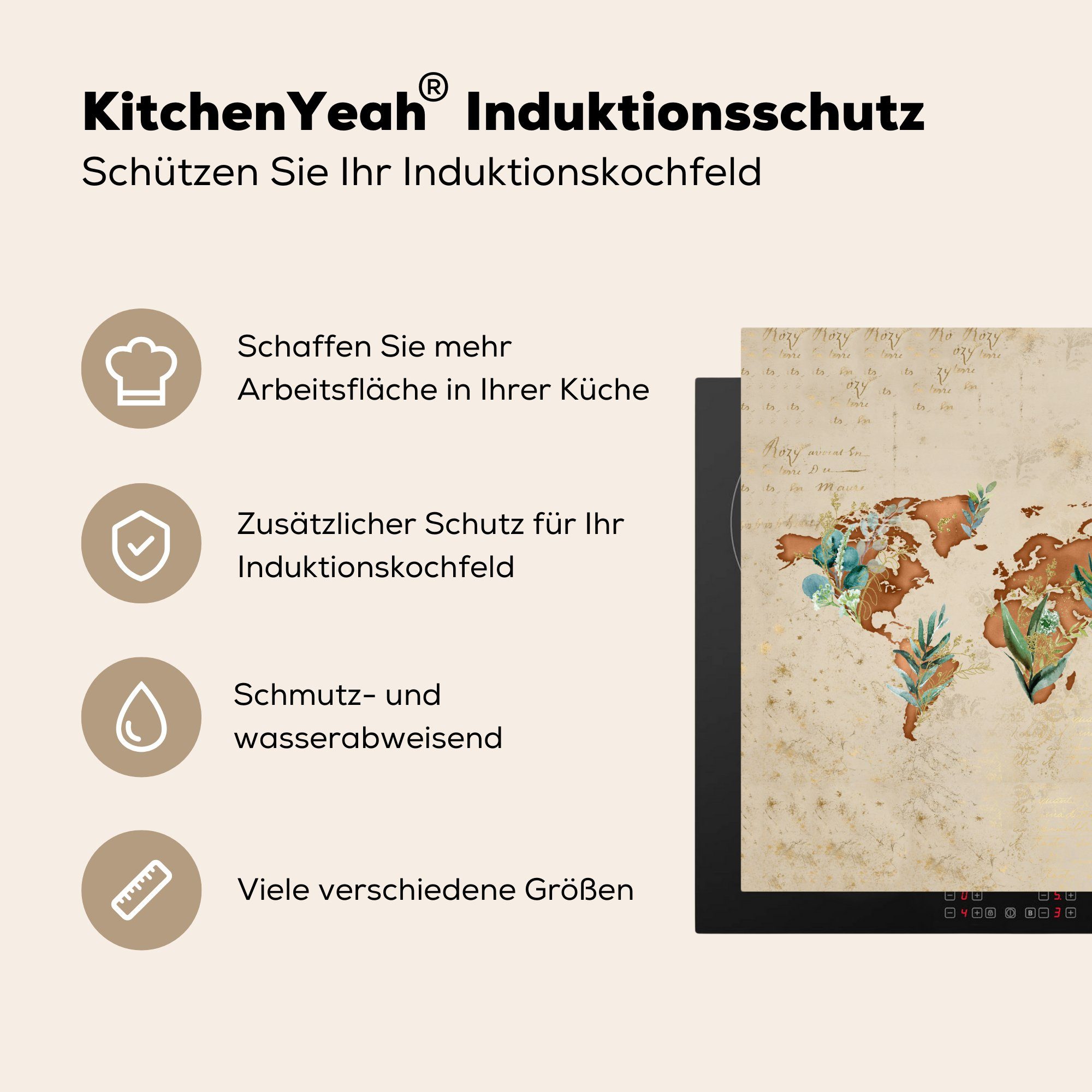 Retro für - Ceranfeldabdeckung, (1 - Vinyl, MuchoWow tlg), cm, Arbeitsplatte Weltkarte Herdblende-/Abdeckplatte Pflanzen, 78x78 küche